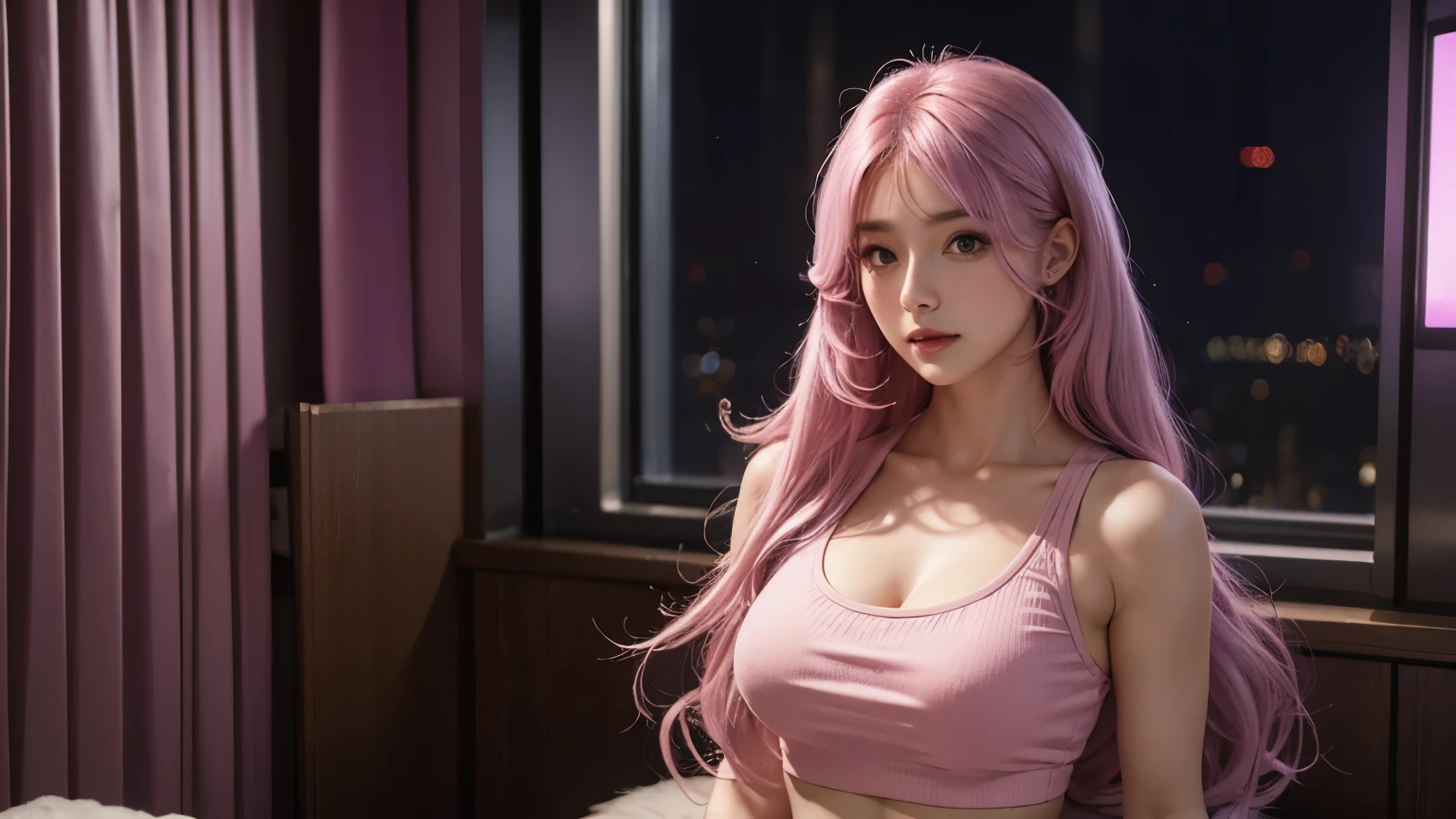 A girl with long light pink soft purple hair, perfect big booba , good quality, detailed beauty face, wearing crop top, in the night room