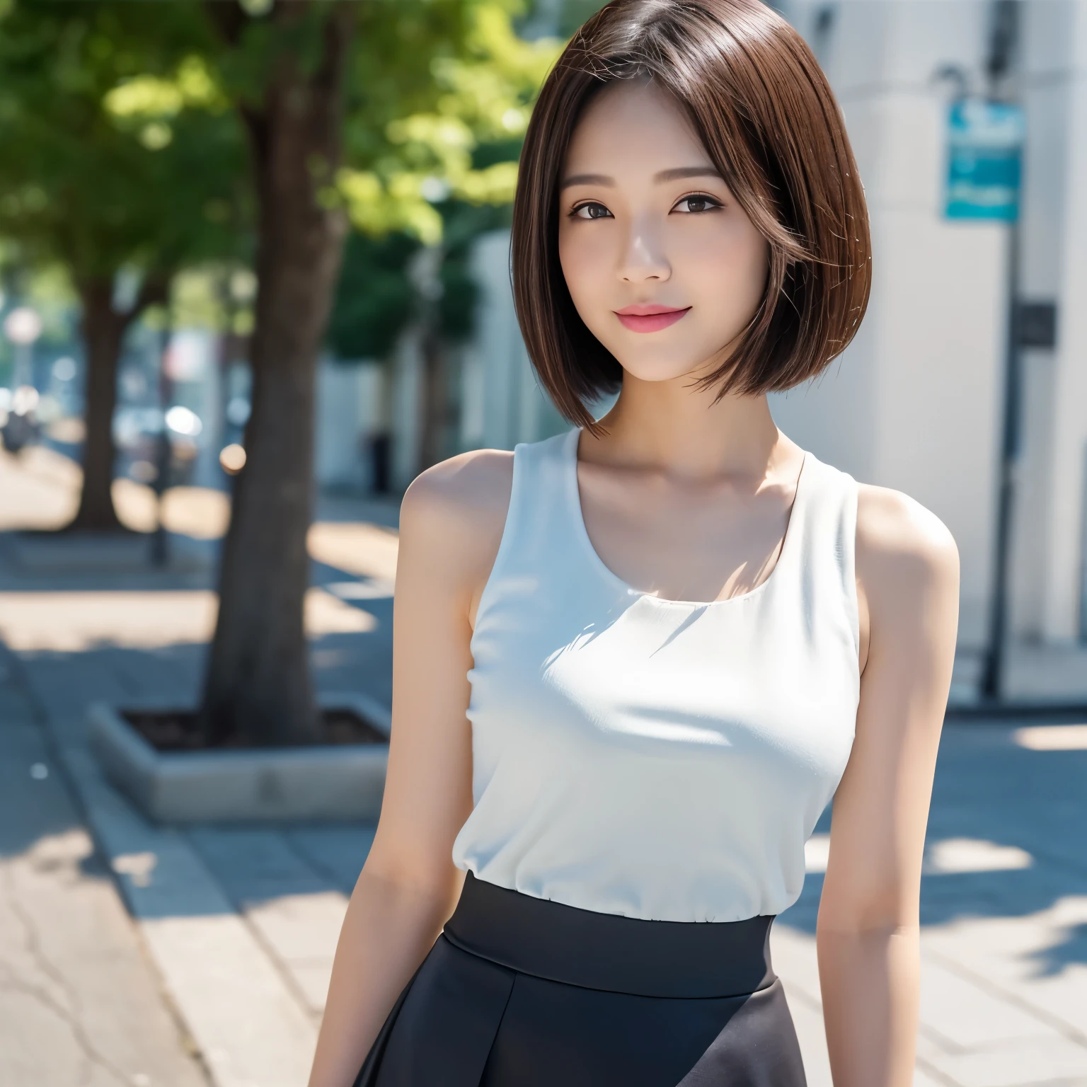 (highest quality、table top、8k、best image quality、Award-winning work)、one beautiful woman、25 years old、alone、perfect beautiful composition、perfect fit、(Full body photo:1.1)、(emphasize body line:1.2)、(classy sleeveless tops:1.2)、(very short elegant tight skirt:1.1)、(very big breasts:1.2)、slender body、Clothes with a causal relationship、smile looking at me、(elegant straight short hair:1.1)、(Strongly blurred background of the sidewalk in front of the station:1.1)、Standing gracefully、natural makeup、Ultra high definition beauty face、ultra high definition hair、Super high-definition sparkling eyes、(Shining ultra-high definition beautiful skin:1.1)、Super high resolution glossy lips、accurate anatomy、ultra high definition hair、(closed lips:1.1)、(very bright and vivid:1.1)
