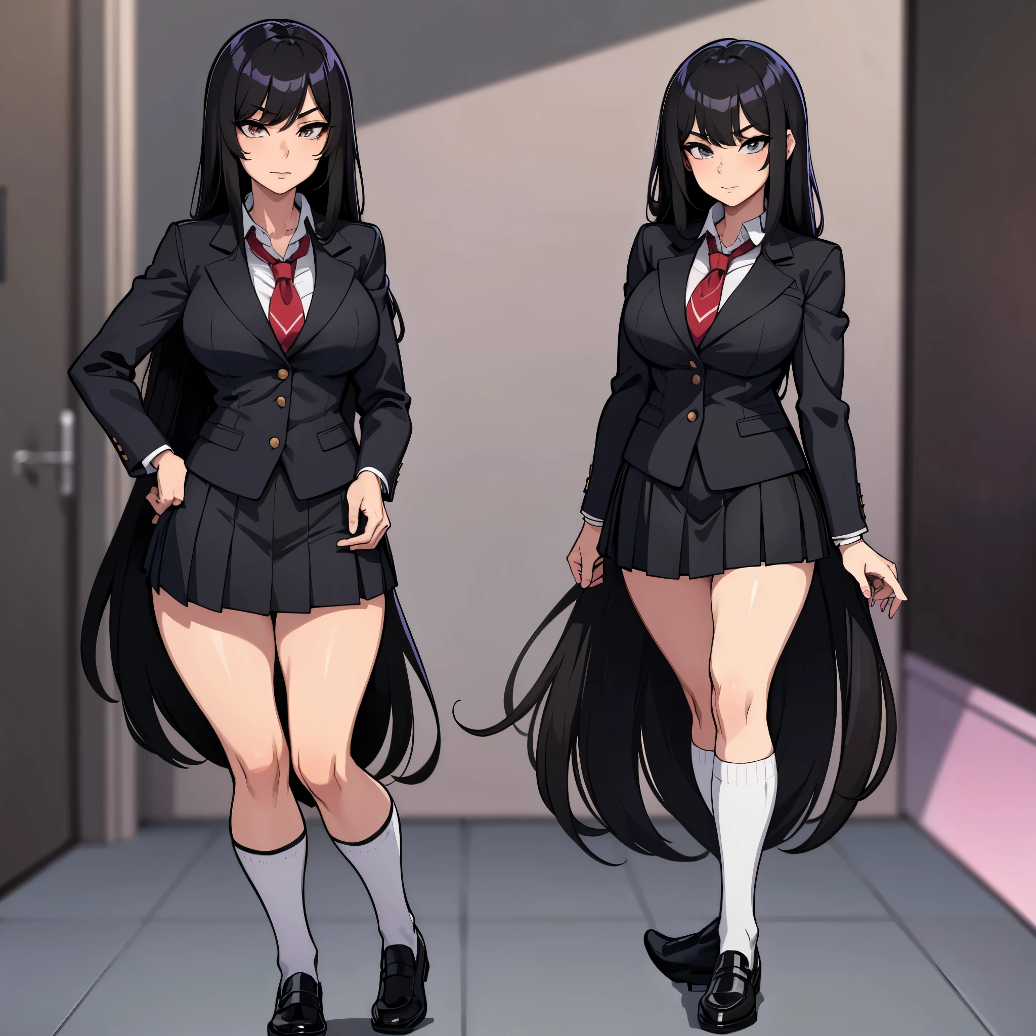 1girl, Asian , Anime school uniform, black Plated skirt, Blazer, black stockings, straight Long black hair, arrogant facial expression, Hand on hip,
