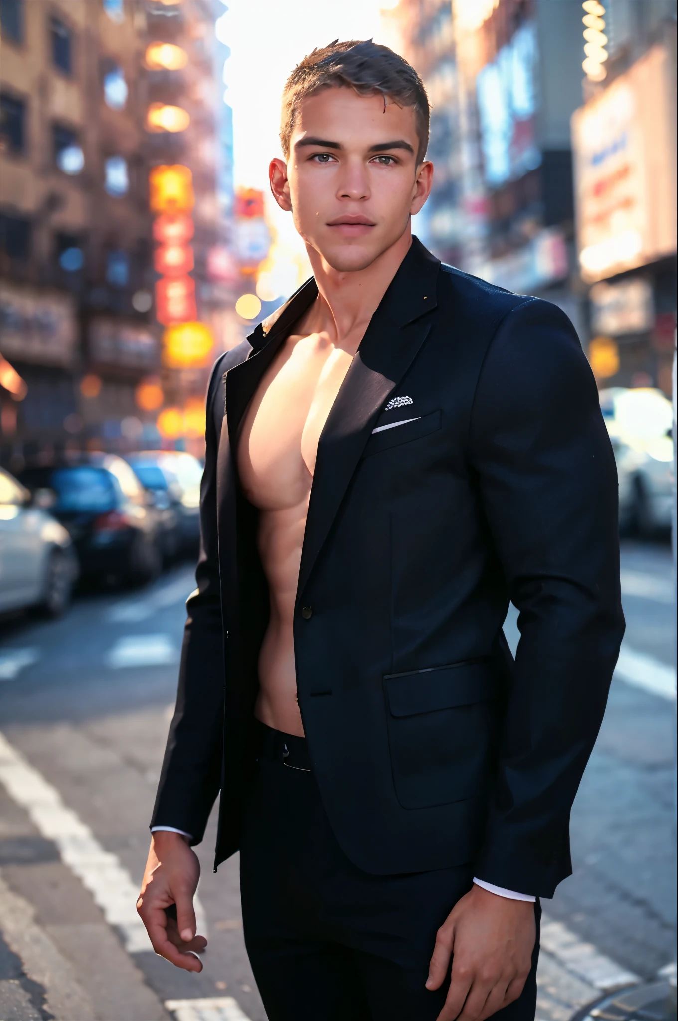 ((Obra maestra)), ((Mejor calidad:1.2)), high resolution, 8K, (ultra_realista:1.3), (photorealista:1.4), (modelo de instagram, elegante:1.2), sharp focus, un primer plano de (mitchellslaggertkm), model pose, vistiendo camisa negra, caminando en tokio, cruce de shibuya, varias personas en todas partes, day time, ((Mirando al espectador)),
