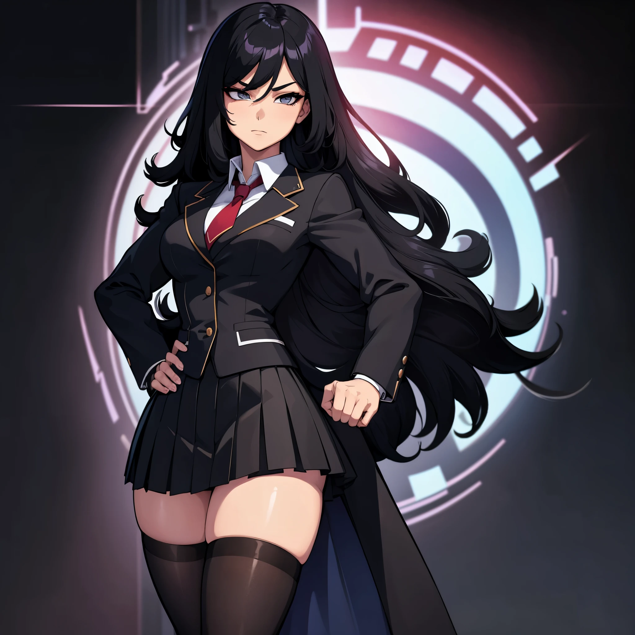 (((pixel-perfect, detail-perfect))), solo, 1girl, morgan le fay, smile, looking at viewer, black hair, braid, ponytail, hair bow, green eyes, supervillain, magician, black tuxedo, white shirt, bow necktie, blue leotard, bare legs, boots, standing, solo focus, hands on hip, full body shot, mature lady, scotland backdrop, ultra highres, absurdres, beautiful face, detailed eyes, symmetric eyes, perfect body, good proportions