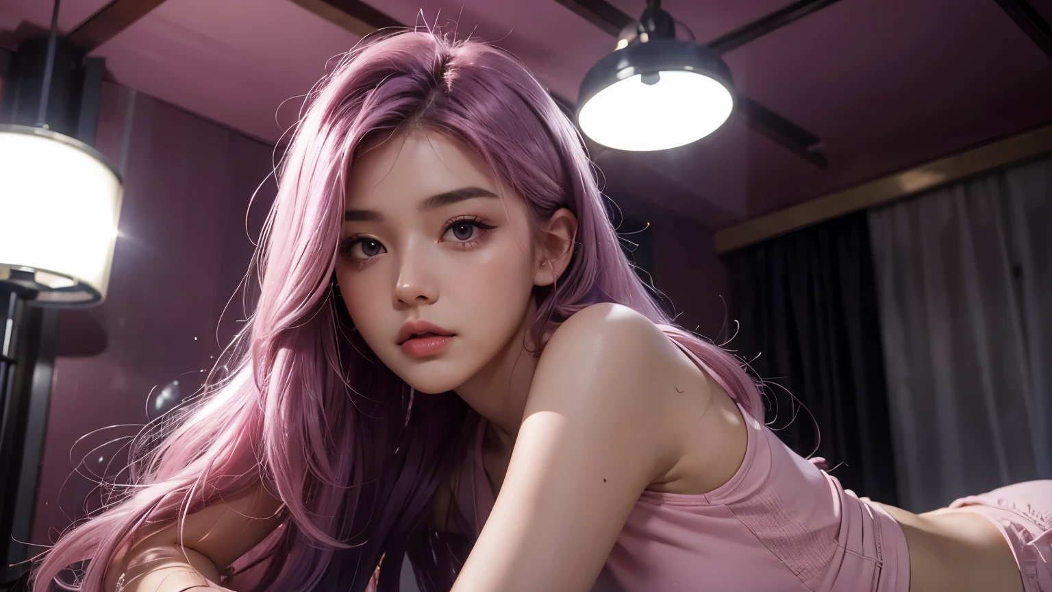 A girl with long light pink soft purple hair, perfect big booba , good quality, detailed beauty face, wearing crop top, in the night room