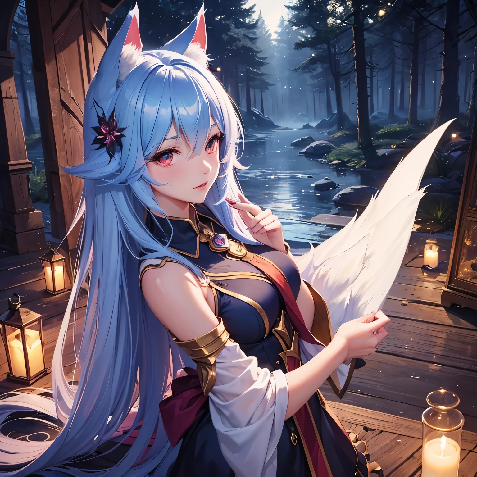 (masterpiece, top quality, best quality, official art, beautiful and aesthetic:1.2), (1girl:1.3), long hair, extremely detailed, portrait, looking at viewer, solo, (full body:0.6), detailed background, witch dress, medieval (tent interior:1.1) background, sbow forest, glowing moong, dark mysterious lighting, shadows, magical atmosphere, starry night, dutch angle, ahri face from league of legends, midnight ahri skin hair