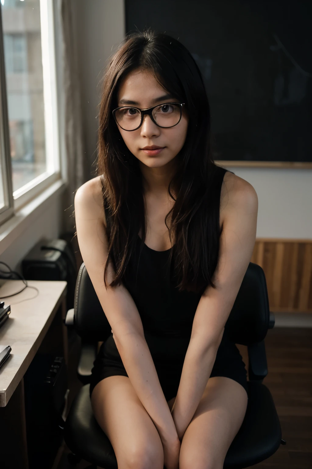 asian girl looking directly to front, tired but happy face,sitting at the desk with rectangular glasses, meduim balck hair, black eyes, messyy artistic room in galaxy,((best quality)), ((masterpiece)), (detailed), perfect face, neon light