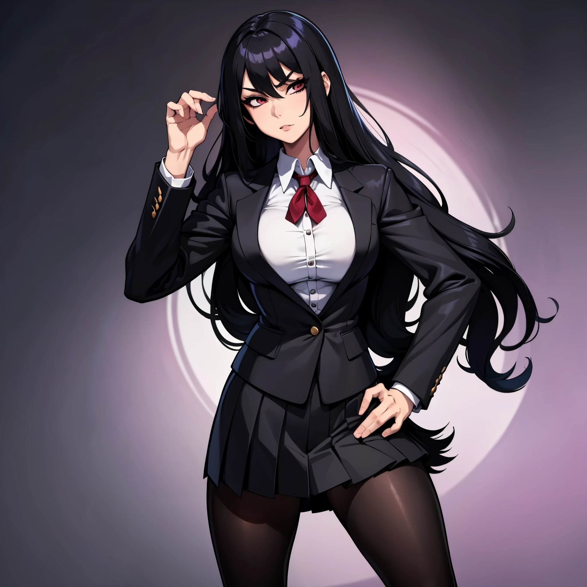 1girl, Asian , Anime school uniform, black Plated skirt, Blazer, black stockings, straight very Long black hair, arrogant facial expression, Hand on hip,