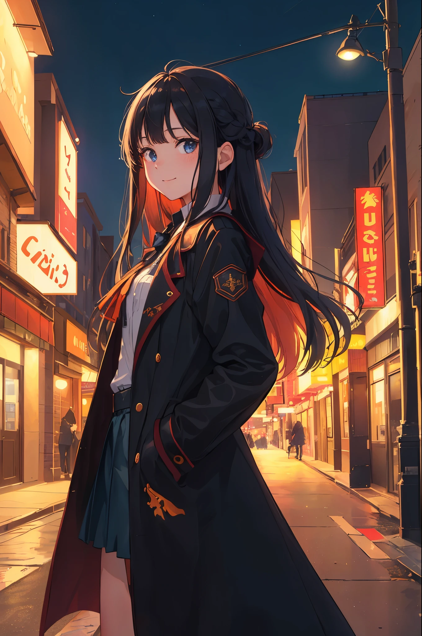 (masterpiece, ultra high res, best quality:1.1), (flat color), 1girl, solo, , cowboy shot, (depth of field:1.2), (night), (long coat), downtown, (street light:1.1), (Fantastic lighting), looking at viewer, black hair, long hair, [smile], (Closed mouth)