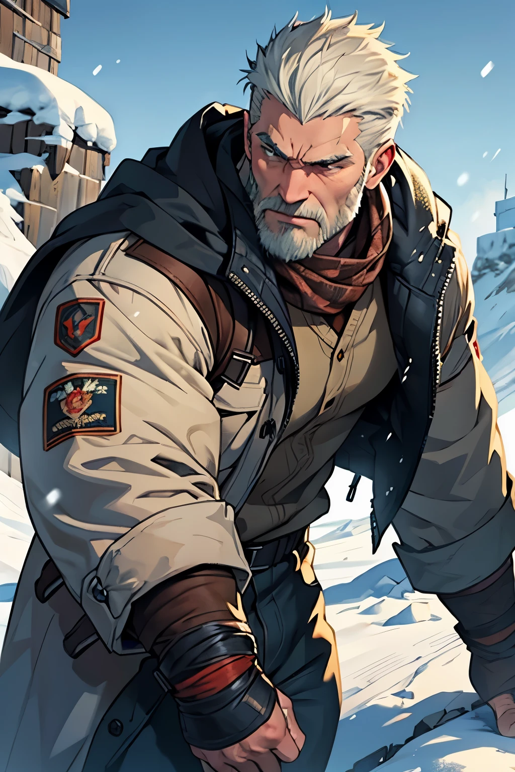 Generate an close shot of a rugged Russian man standing in a snowy landscape. He should be wearing thick, heavy winter clothing suitable for harsh weather conditions. His face should bear noticeable scars, suggesting a tough and experienced demeanor. The expression on his face should convey resilience and strength despite the challenging environment. Please ensure the avatar reflects the character's ruggedness and resilience, fitting for a man who has endured harsh winters and challenging circumstances.