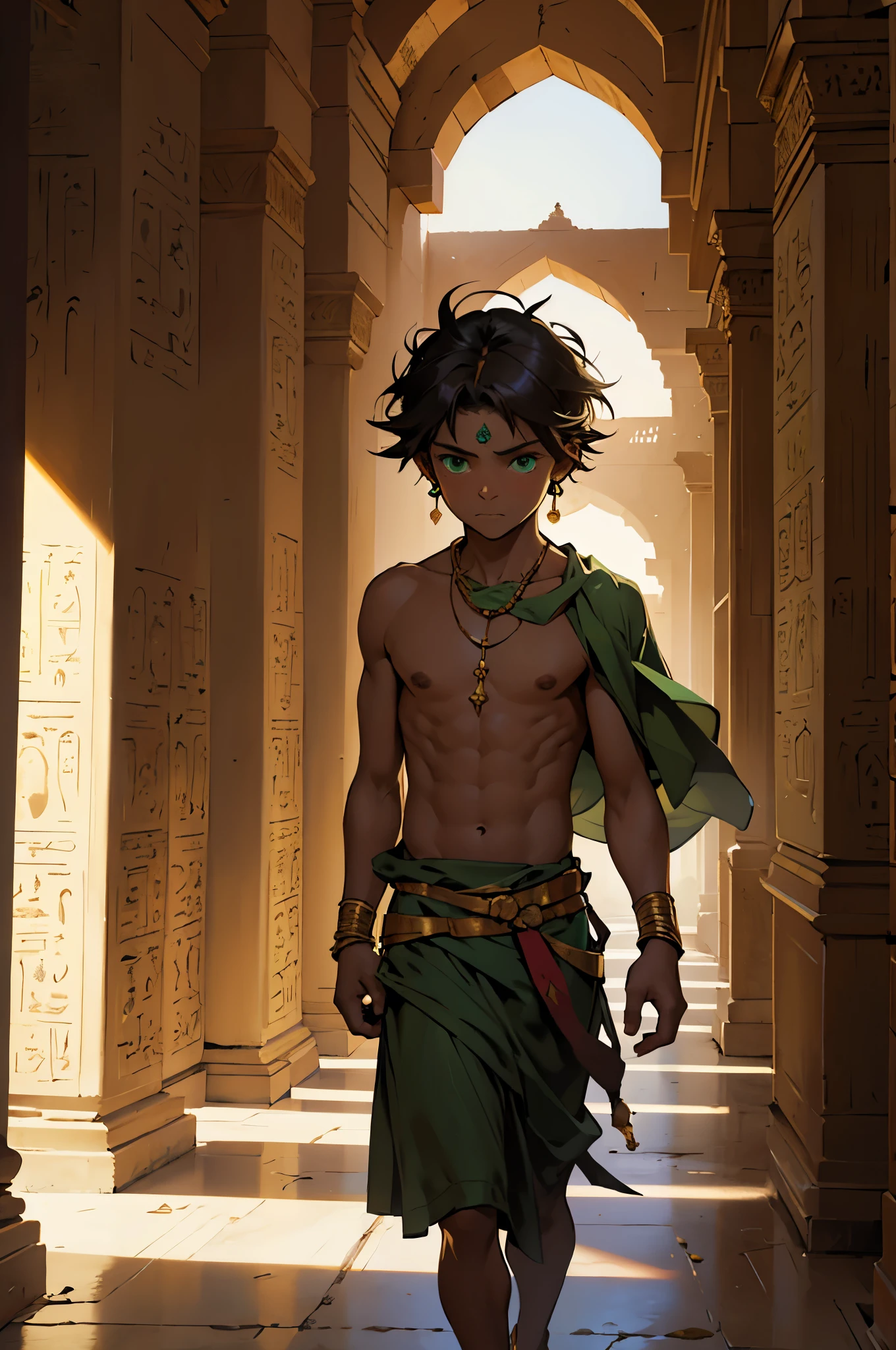 There are halls and corridors of a luxurious Arab palace from ancient times and in the halls there is a 5-year-old homeless boy, abandoned, poor, hungry, he has very green eyes, he is shirtless in an ancient Egyptian skirt.,