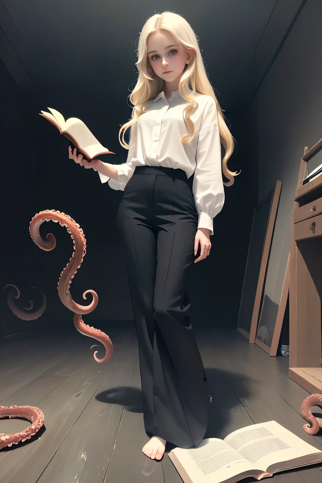 masterpiece, best quality, hyperrealistic, cinematic photo, 14 year old woman, pale skin, British amazing slim body with some curves, ((Tight white blouse)), ((Black trousers)), ((Holding an open book)), long blonde wavy hair, perfect thick legs, wide hips, perfect hands, bare foot, beautiful face, perfect face, youthful, (blured background), modern style, from below, (low-angle shoot), low_angle_human, towering, (full body shot), ((Standing, reading an open book)), underneath shot, (view viewer), looking at viewer,(8k, epic composition, photorealistic, sharp focus), detailed background, ((On a dark room)), ((dark tentacles crawling on the floor)), ((Evil spirits roaming on the walls)), inside illumination, night illumination, DSLR, foil grain