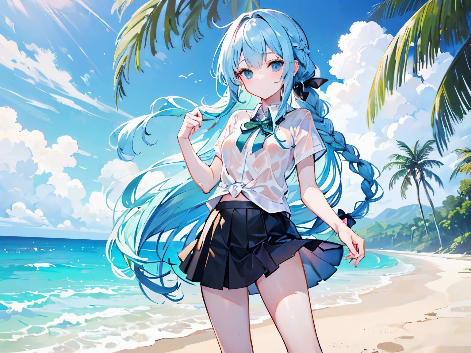 light blue hair girl, shyุ 25 ปี, body, light blue eyes, long hair,Green braid tied in bows left and right.......small breasts, Wear a white shirt....Wet, wearing a short black skirt.... From America...,(shy).....The background is a sandy beach.. Picture R18