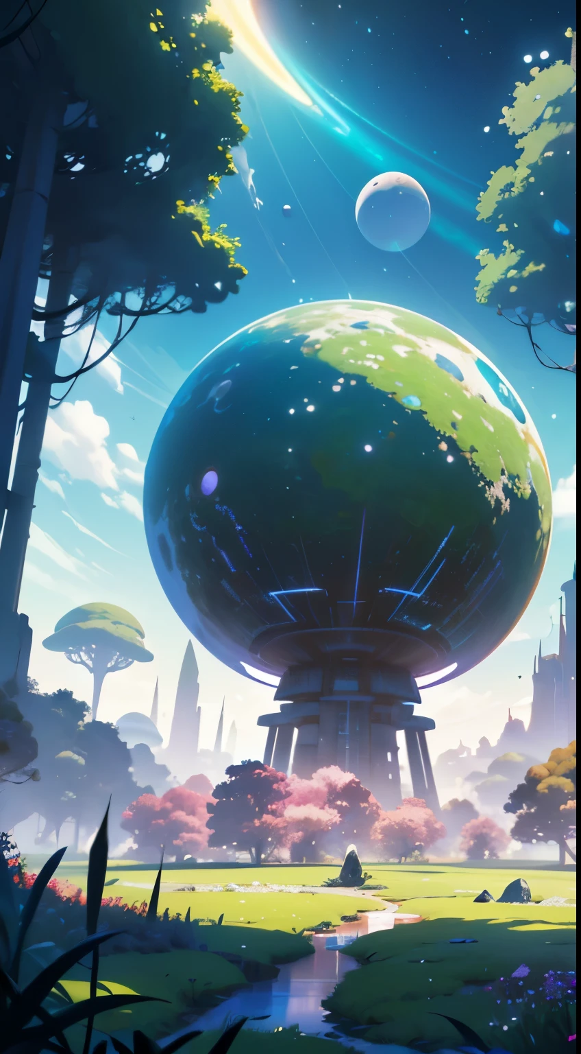 ((Masterpiece, Best Quality)) Glass sphere, a close-up view of an exquisitely detailed planet, with a lush bunch of trees sprawling across its surface. An overgrown planet, vibrant and green, adorned with intricately designed foliage, reminiscent of a fractal world. A fantasy overgrown planet, where magical, otherworldly elements blend seamlessly with nature. A planet of wonder, resembling a Dyson sphere in its grandeur, pink in hue, inspired by the works of digital artist Beeple. A 3D render of a stunning planetary landscape, with a round planet at its center, inspired by Jofra Boss