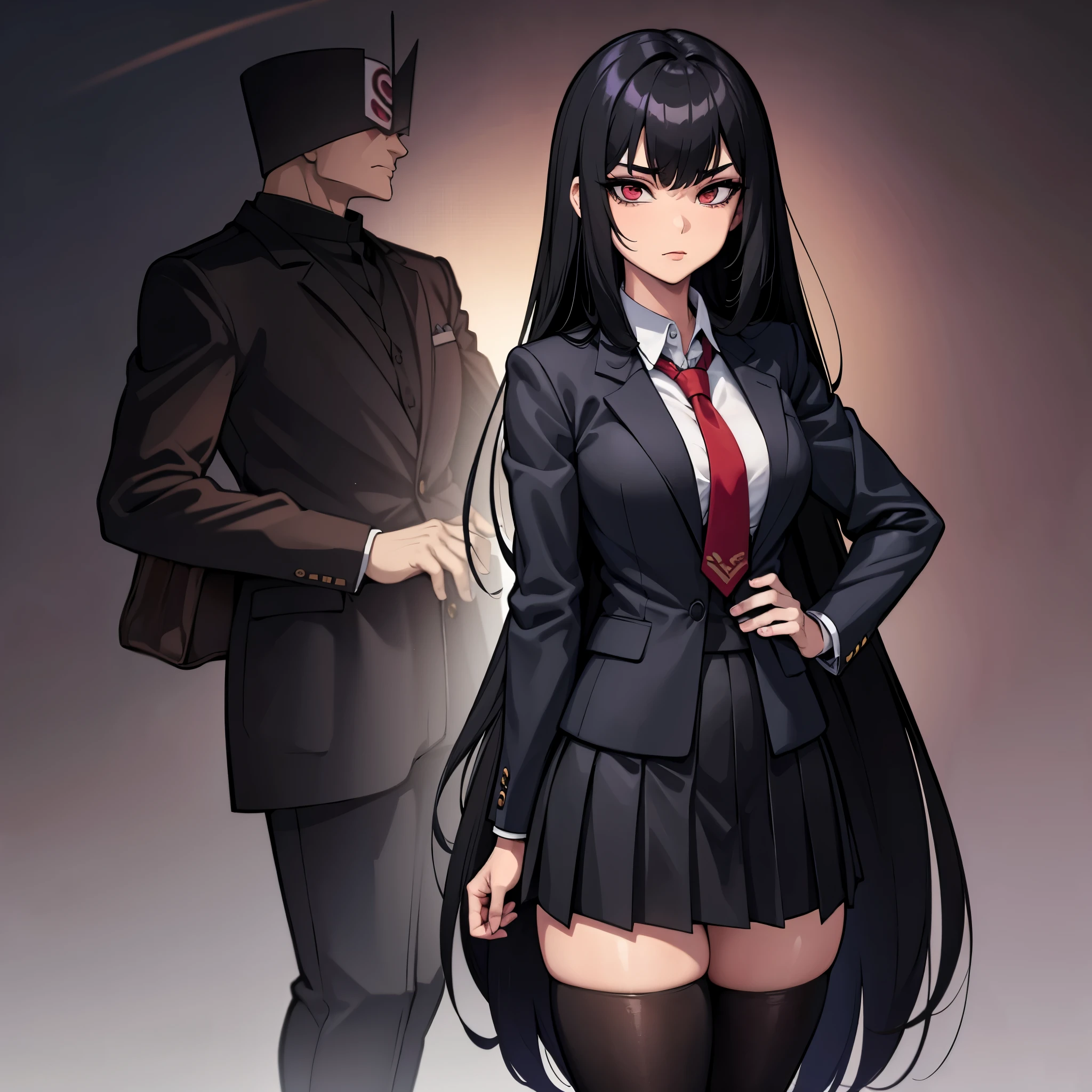 1girl, Asian , Anime school uniform, black Plated skirt, Blazer, black stockings, straight very Long black hair, arrogant facial expression, Hand on hip,