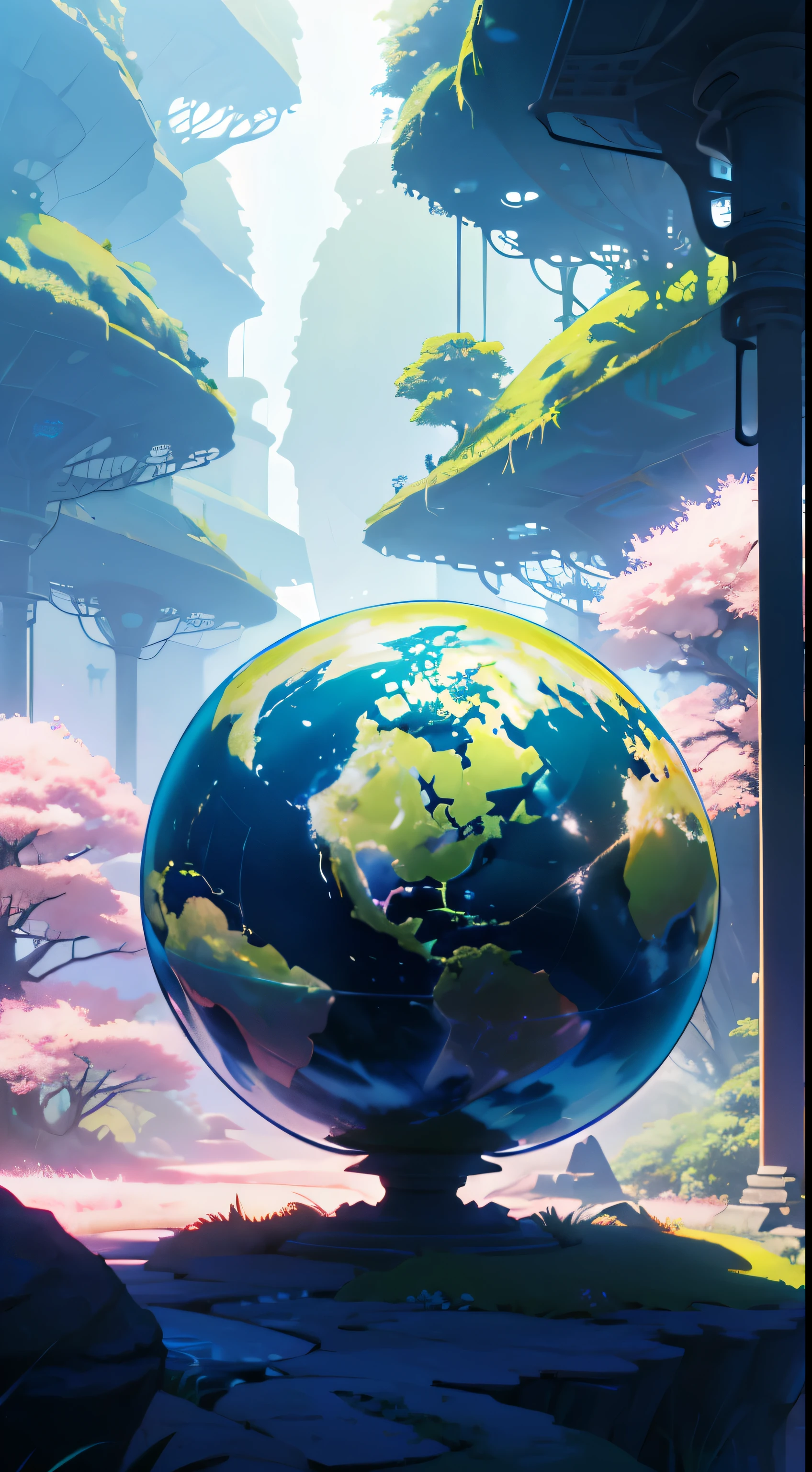 ((Masterpiece, Best Quality)) Glass sphere, a close-up view of an exquisitely detailed planet, with a lush bunch of trees sprawling across its surface. An overgrown planet, vibrant and green, adorned with intricately designed foliage, reminiscent of a fractal world. A fantasy overgrown planet, where magical, otherworldly elements blend seamlessly with nature. A planet of wonder, resembling a Dyson sphere in its grandeur, pink in hue, inspired by the works of digital artist Beeple. A 3D render of a stunning planetary landscape, with a round planet at its center, inspired by Jofra Boss
