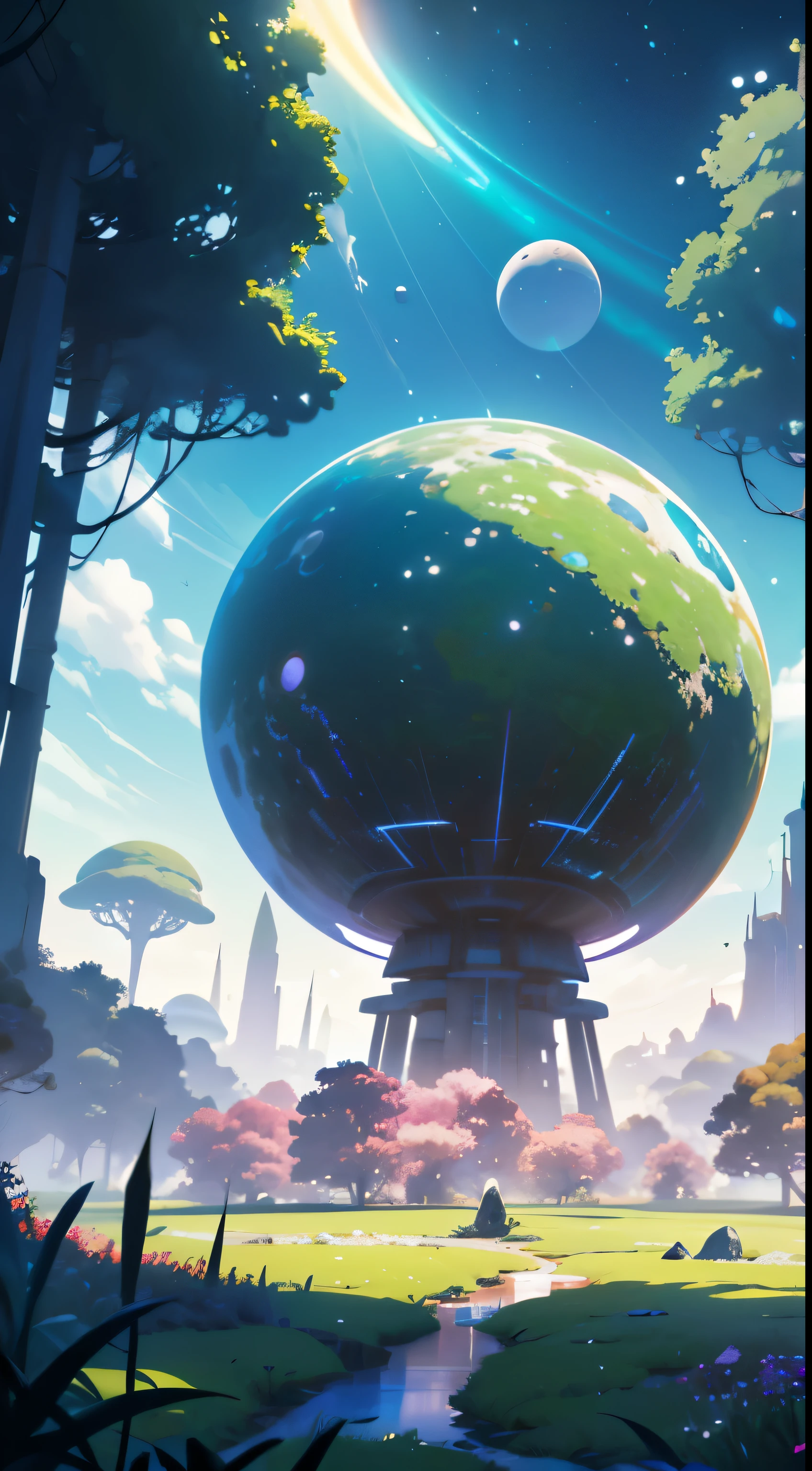 ((Masterpiece, Best Quality)) Glass sphere, a close-up view of an exquisitely detailed planet, with a lush bunch of trees sprawling across its surface. An overgrown planet, vibrant and green, adorned with intricately designed foliage, reminiscent of a fractal world. A fantasy overgrown planet, where magical, otherworldly elements blend seamlessly with nature. A planet of wonder, resembling a Dyson sphere in its grandeur, pink in hue, inspired by the works of digital artist Beeple. A 3D render of a stunning planetary landscape, with a round planet at its center, inspired by Jofra Boss