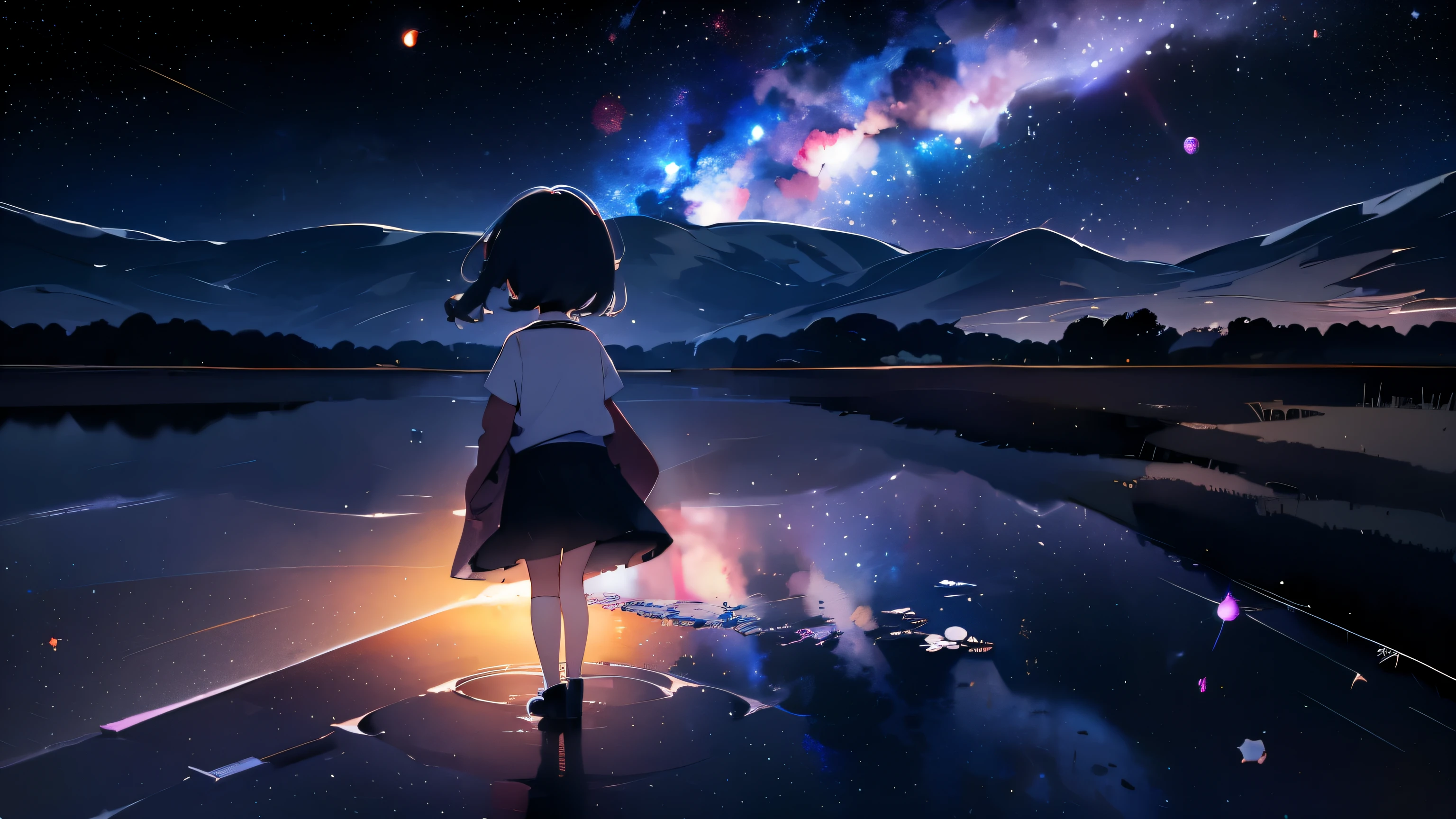 milky way, Starry Night Sky, Back of a crying 9 year old girl, tears, black pigtails