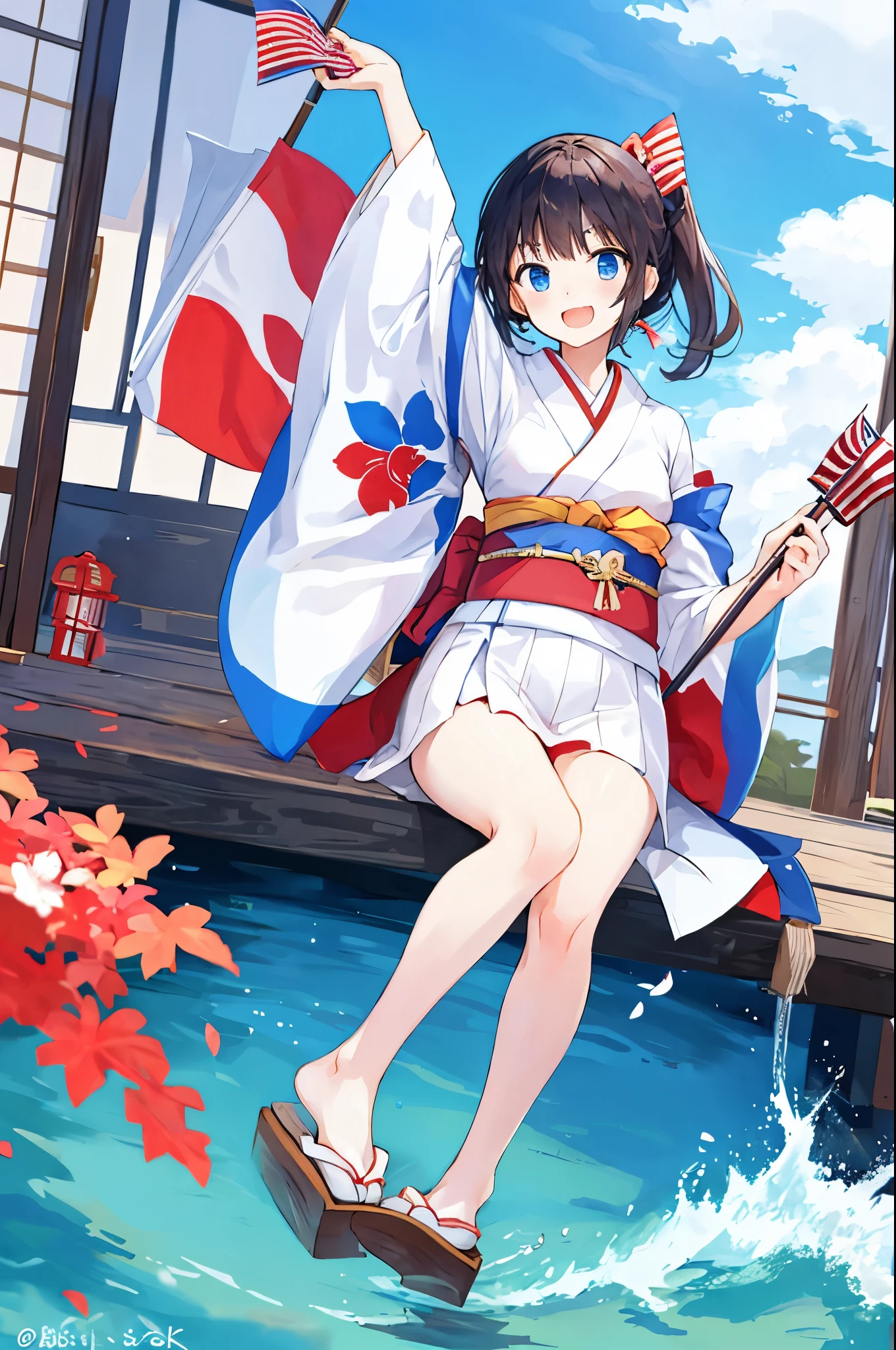 Cute girl holding a Japanese flag