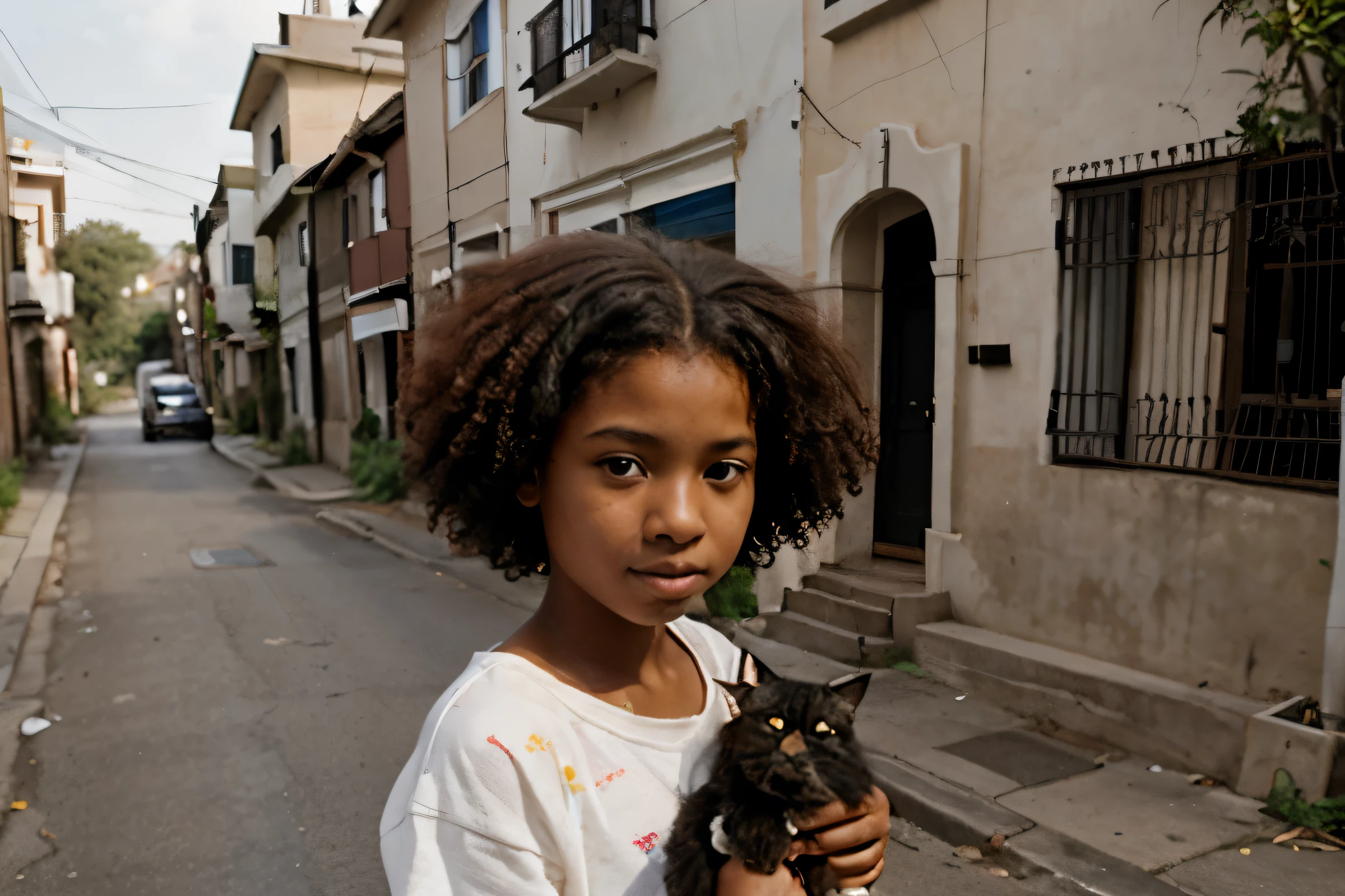 negro de 11 anos , Cabelo Afro, segurando um gato ruivo, on the street towards an old house, during the day with several other children playing