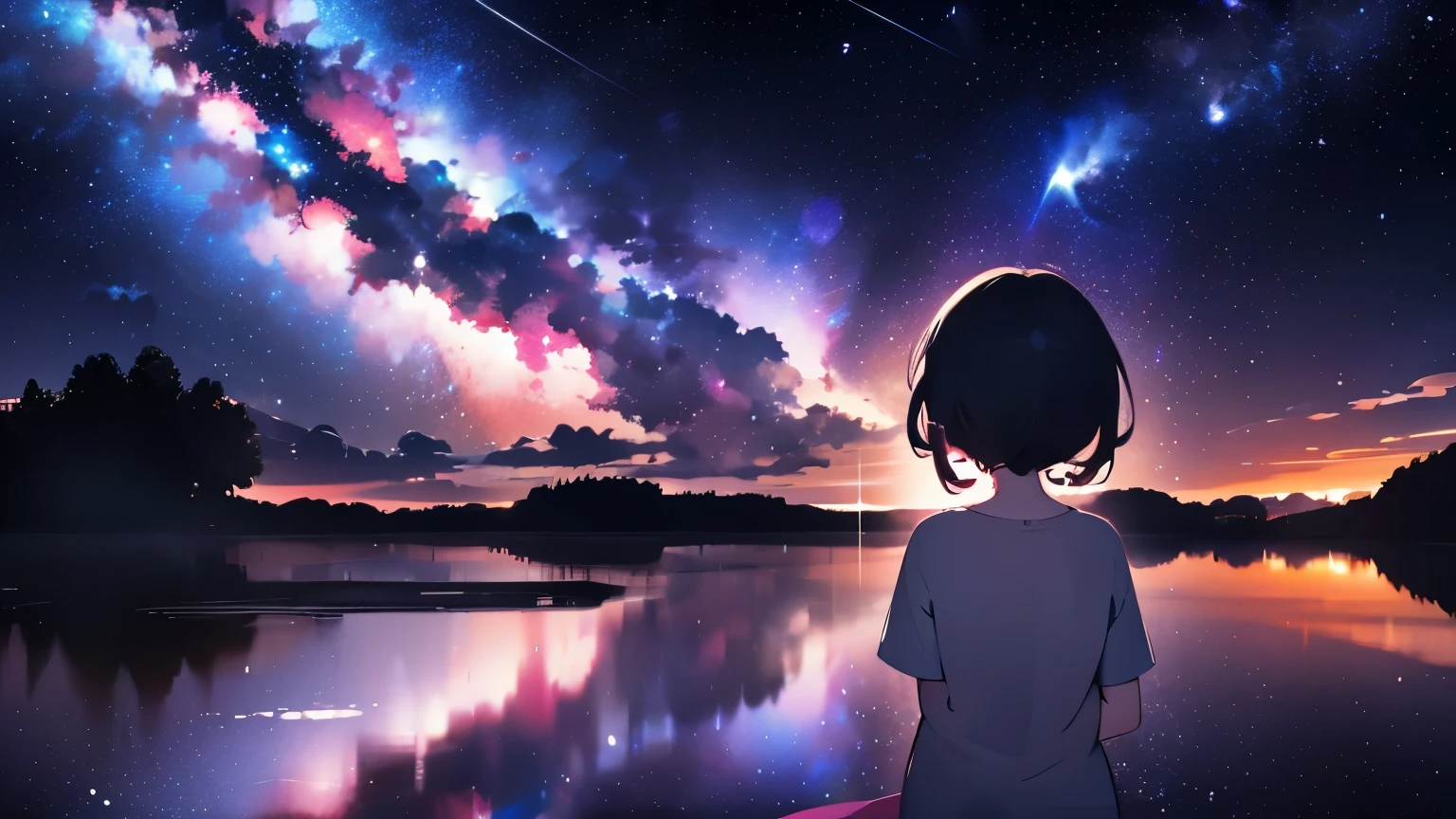 Milky Way, stars night sky, crying 9y girl’s back, tears, black pigtails