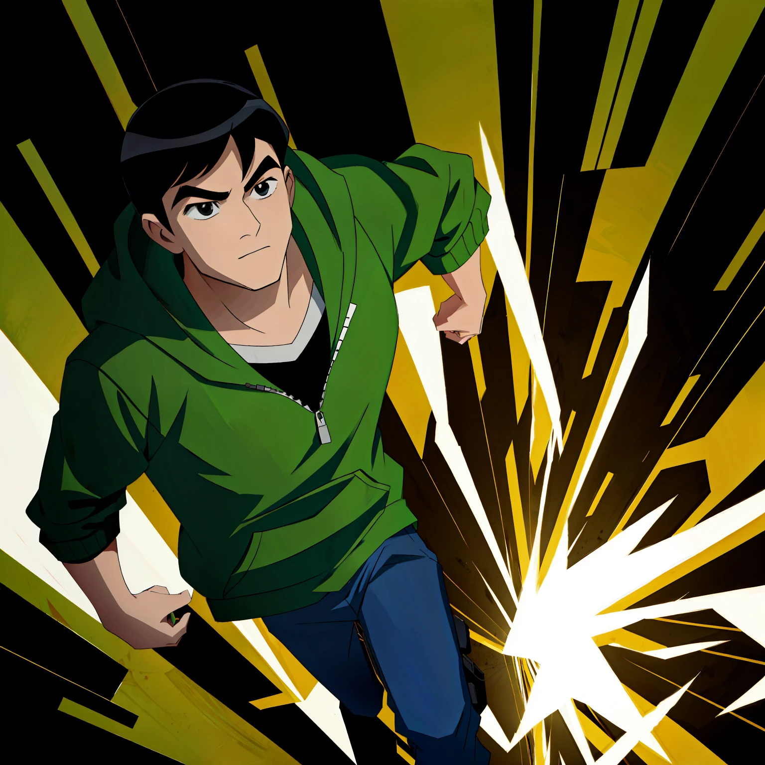 ben10af, muscular, young, green hoodie, black hair, black eyes, best quality, high_resolution, distinct_image, detailed background