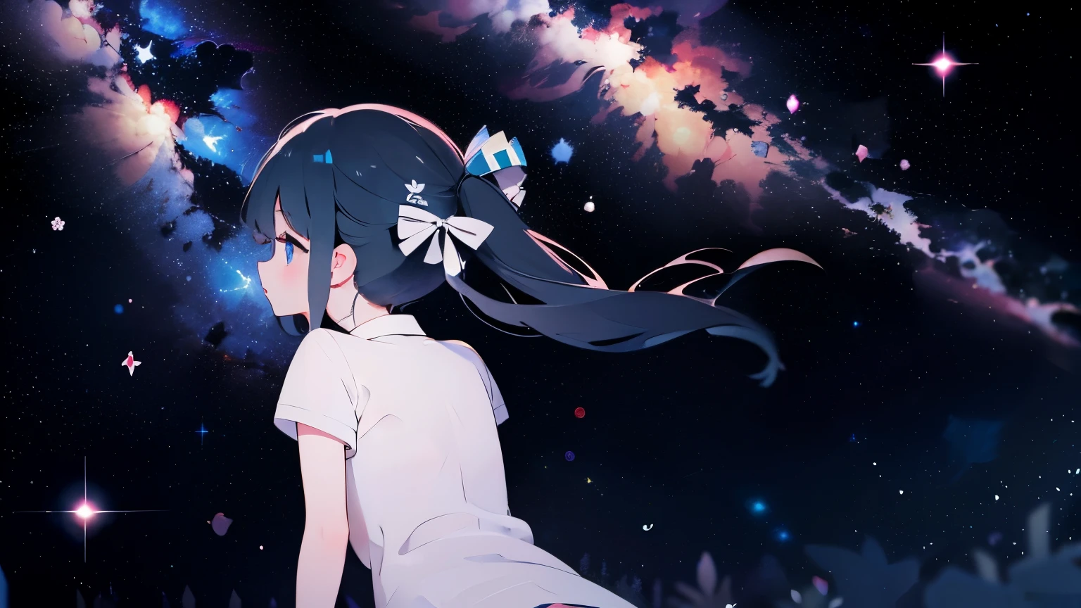 Milky Way, stars night sky, crying 9y girl’s back, tears, black pigtails