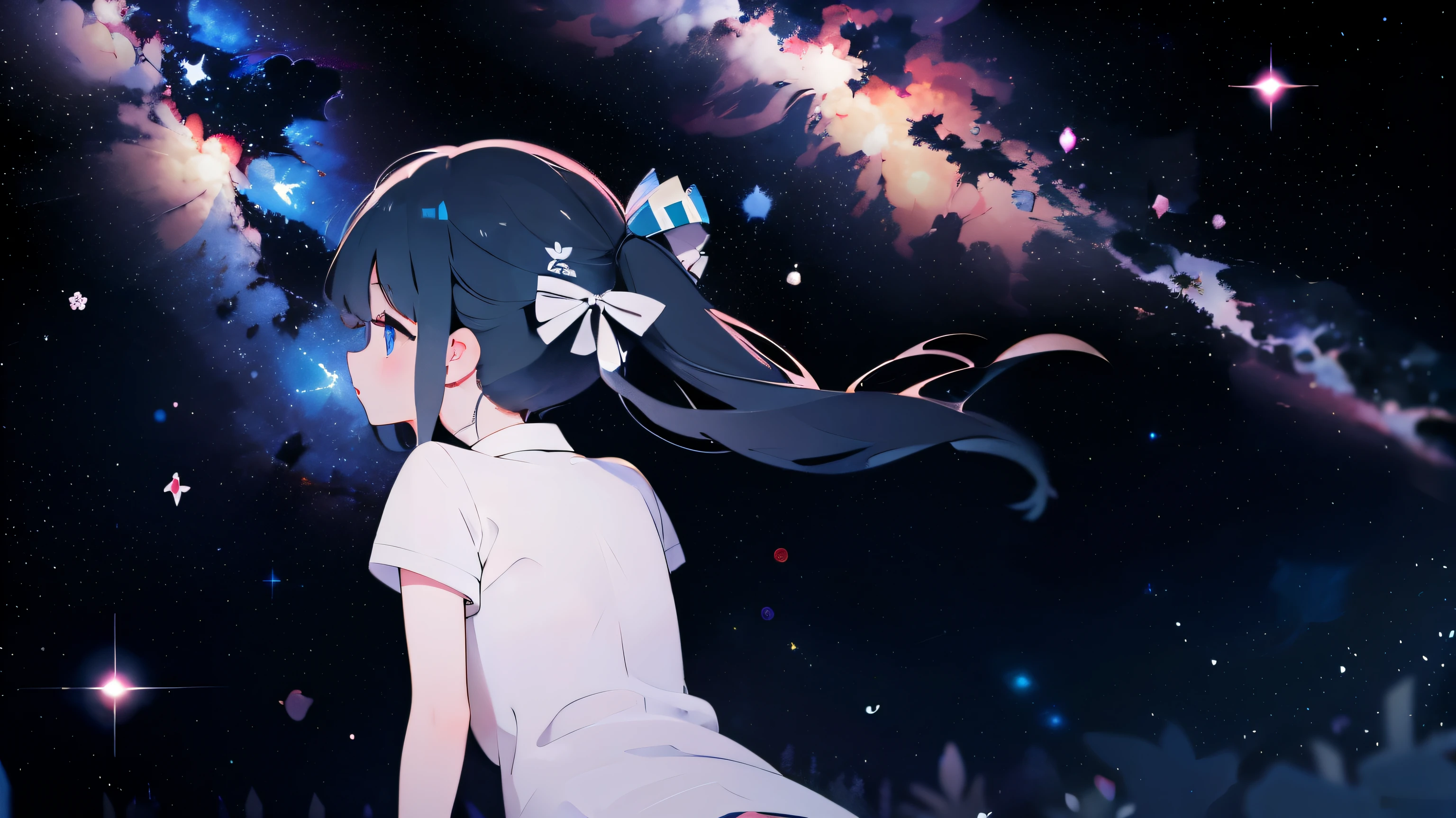 milky way, Starry Night Sky, Back of a crying 9 year old girl, tears, black pigtails