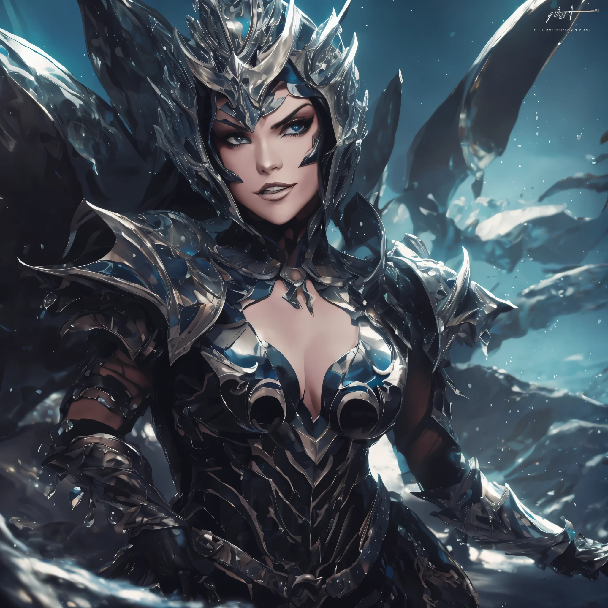 Villainous Armored Alien Princess with water-based powers,
(Super villainous) (beautiful face:1.5)
adorned in asymmetrical, stylized armor,
with seductive aquatic design,
emitting a wicked, erotic smile, (villainous laughter:1.3).