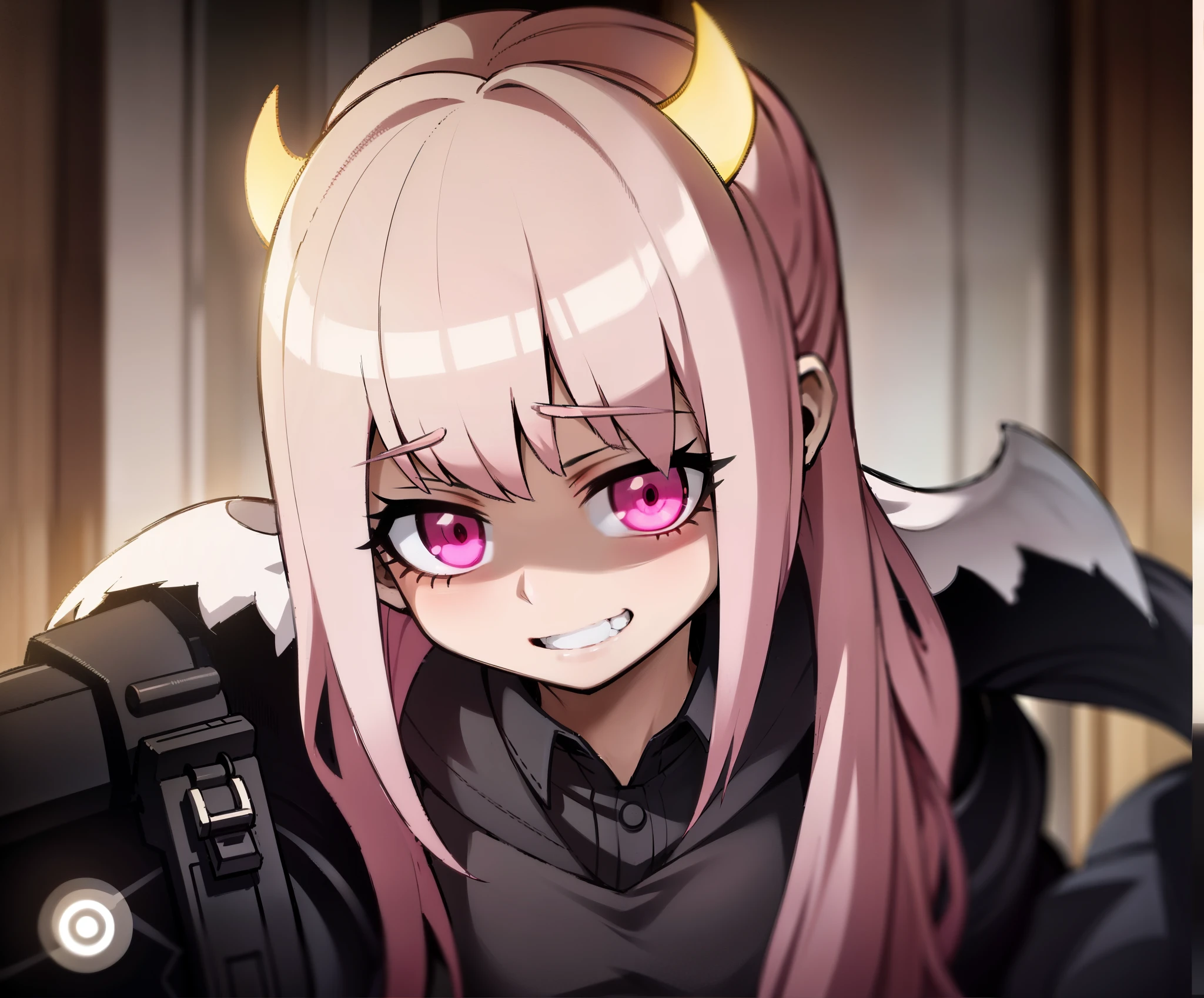 Pink hair, horns, wings , evil, pink eyes, grin pig tails, hand on mouth , ((twin tails)), black wings, black horns, twin tails, black bows