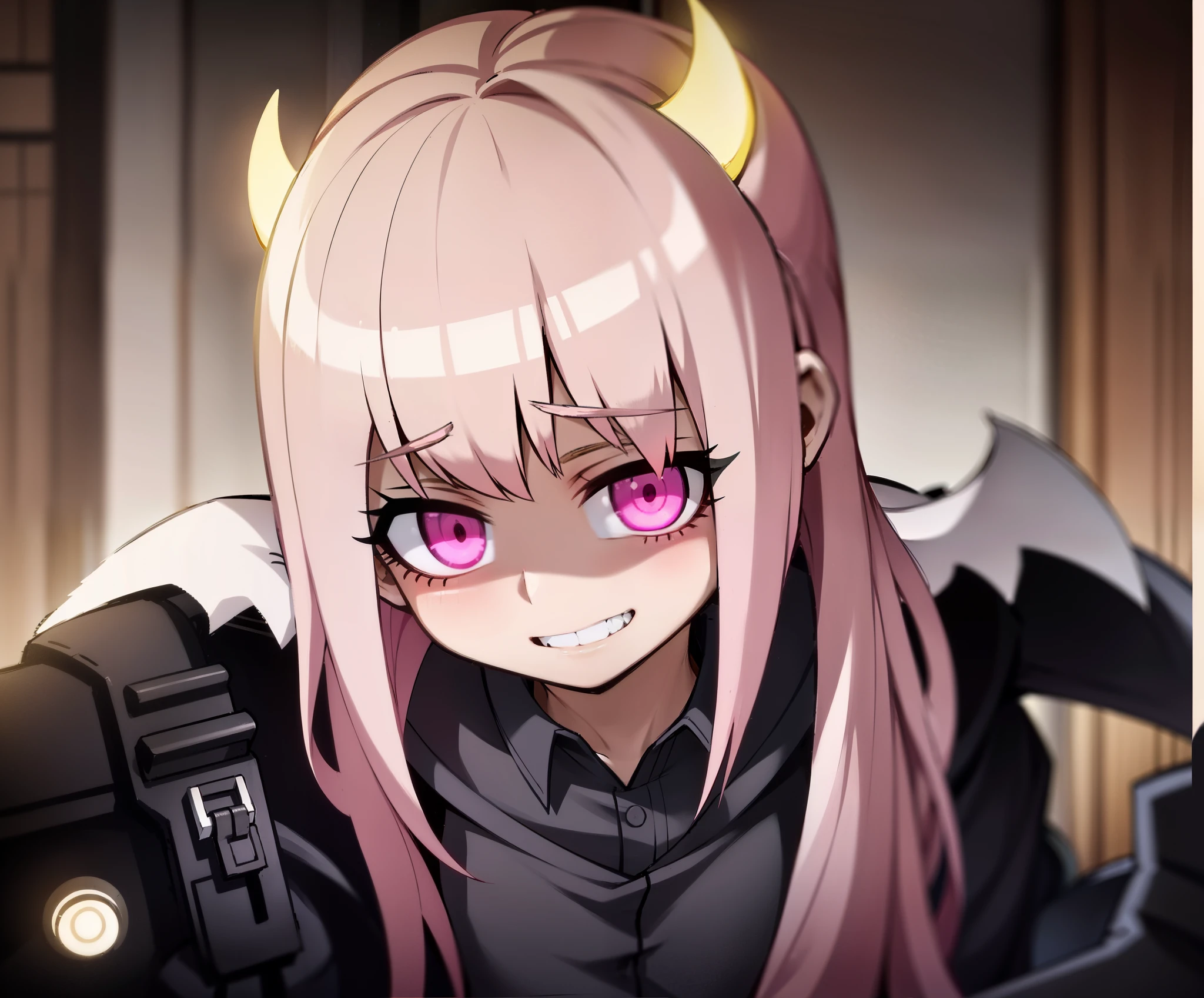 Pink hair, horns, wings , evil, pink eyes, grin pig tails, hand on mouth , ((twin tails)), black wings, black horns, twin tails, black bows