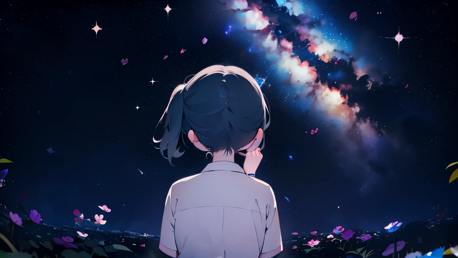 Milky Way, stars night sky, crying 9y girl’s back, tears, black pigtails