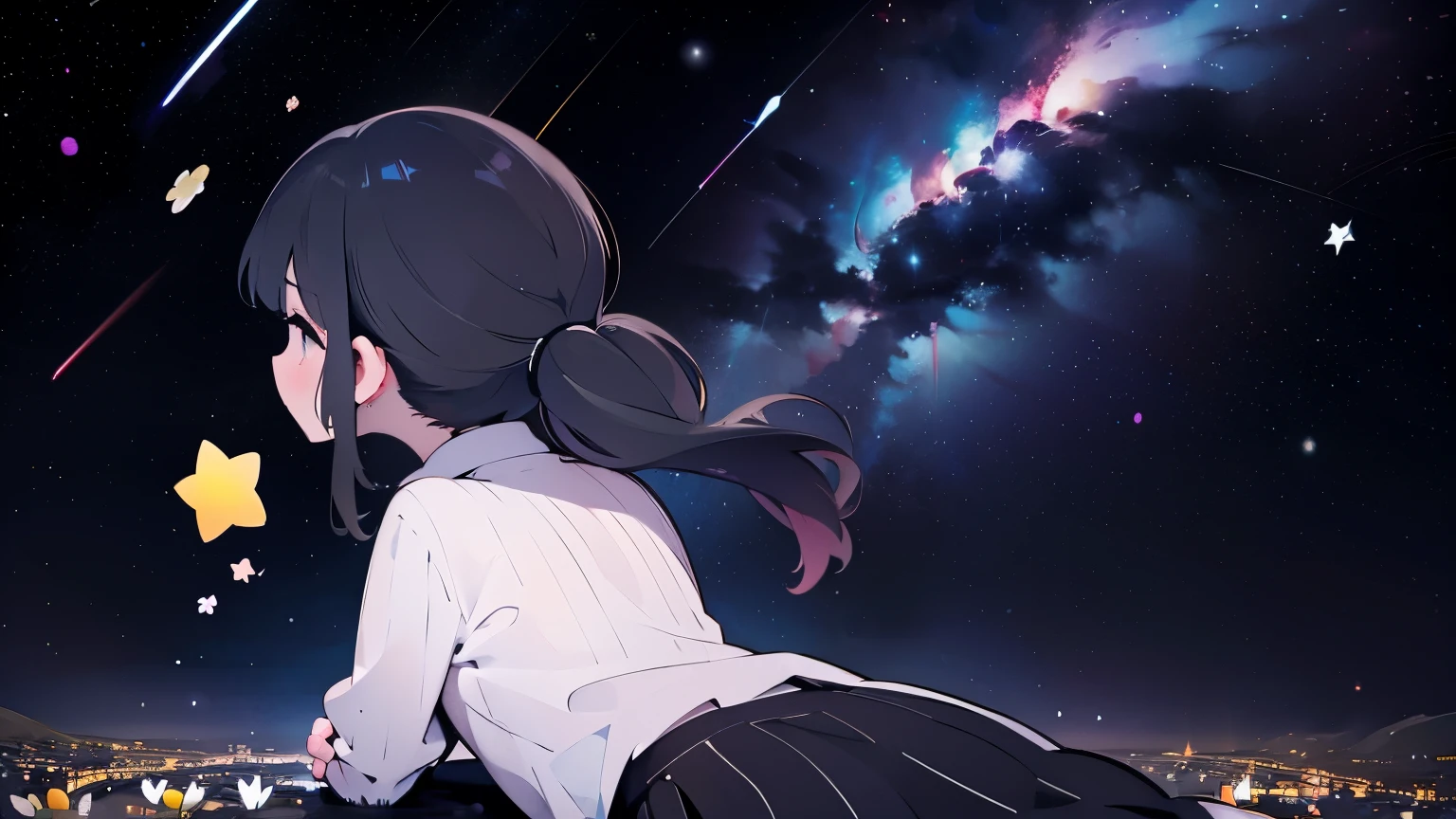 Milky Way, stars night sky, crying 9y girl’s back, tears, black pigtails