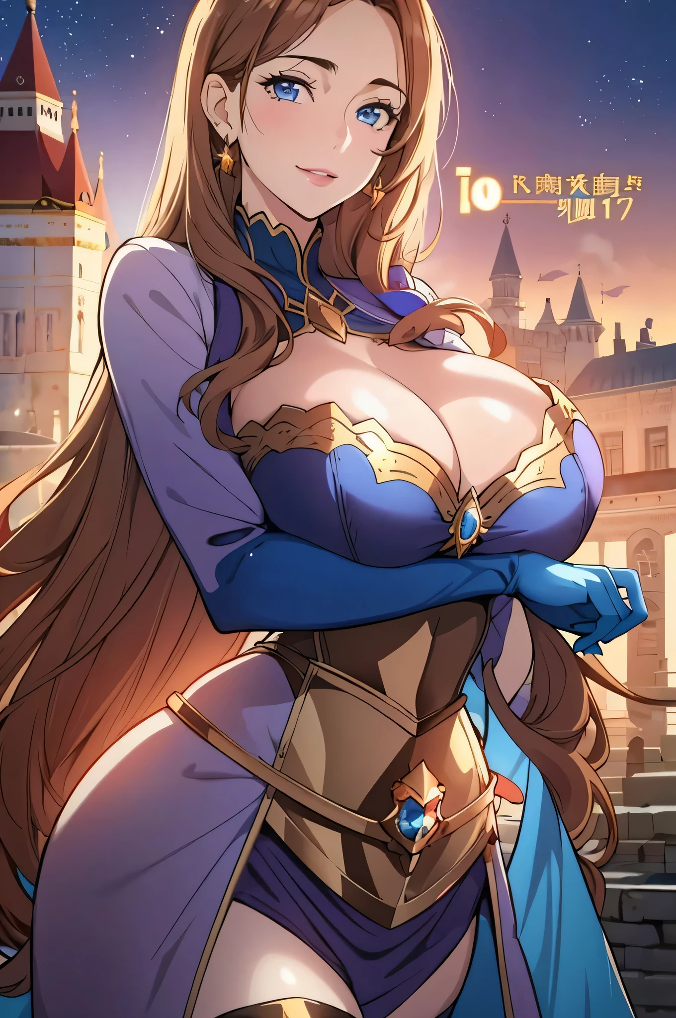 Lian, light brown hair, hair stick, bangs, blue eyes, solo, smiling, standing, upper body, hips, bare shoulders,purple thighhighs, blue dress, gold jewelry,armor,gloves,circlet, cleavage, red and gold royal castle, gigantic breasts, (best quality, masterpiece, beautiful and aesthetic:1.2, highest detailed face, perfect face,)  eyes, perfect face,expressive eyes,
looking at viewer, in the center of the image,(Upper_body),(Focus on her face),
official art,extremely detailed CG unity 8k wallpaper, perfect lighting,Colorful, Bright_Front_face_Lighting,shiny skin, 
(masterpiece:1.0),(best_quality:1.0), ultra high res,4K,ultra-detailed
