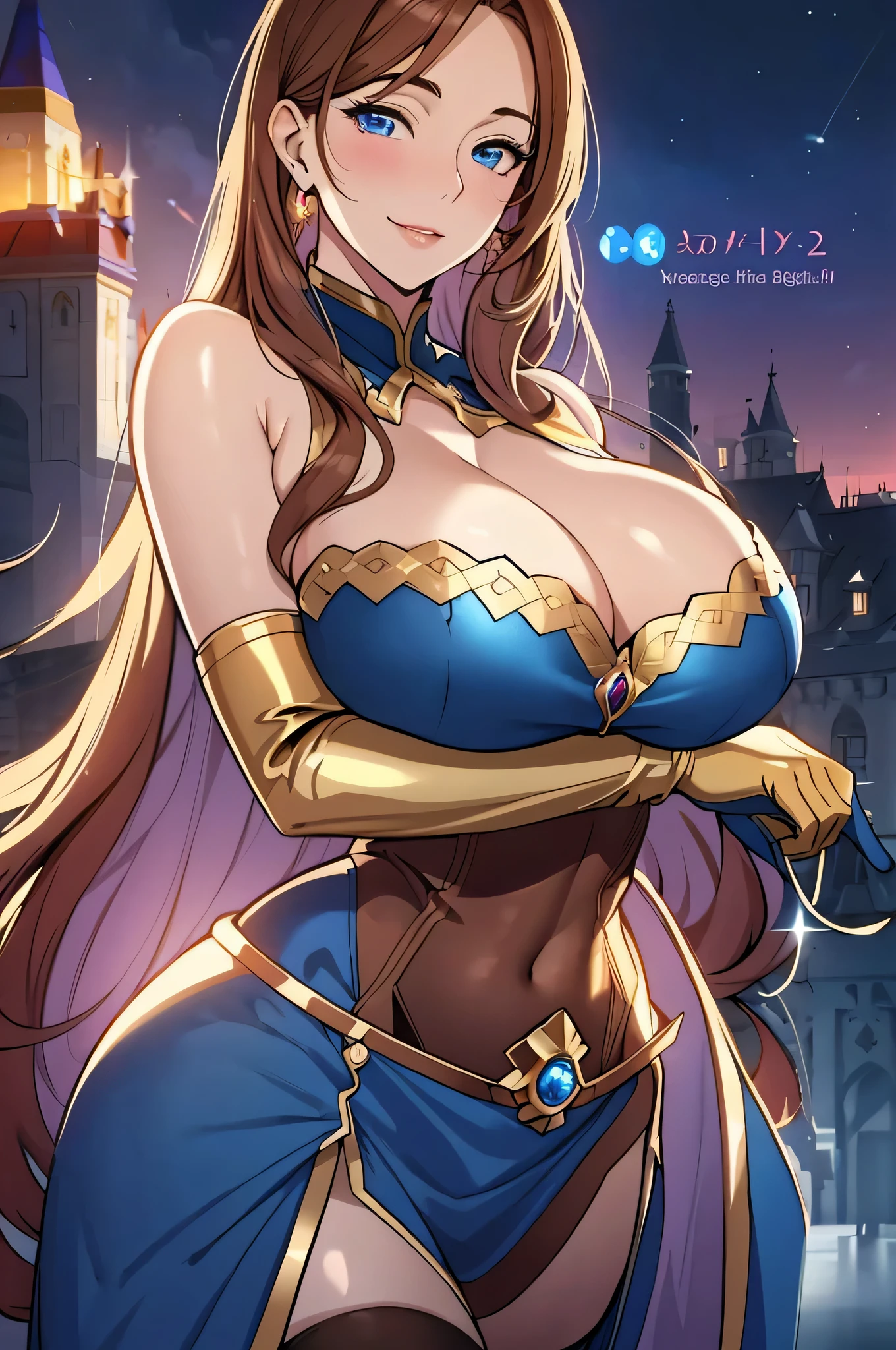 Lian, light brown hair, hair stick, bangs, blue eyes, solo, smiling, standing, upper body, hips, bare shoulders,purple thighhighs, blue dress, gold jewelry,armor,gloves,circlet, cleavage, red and gold royal castle, gigantic breasts, (best quality, masterpiece, beautiful and aesthetic:1.2, highest detailed face, perfect face,)  eyes, perfect face,expressive eyes,
looking at viewer, in the center of the image,(Upper_body),(Focus on her face),
official art,extremely detailed CG unity 8k wallpaper, perfect lighting,Colorful, Bright_Front_face_Lighting,shiny skin, 
(masterpiece:1.0),(best_quality:1.0), ultra high res,4K,ultra-detailed
