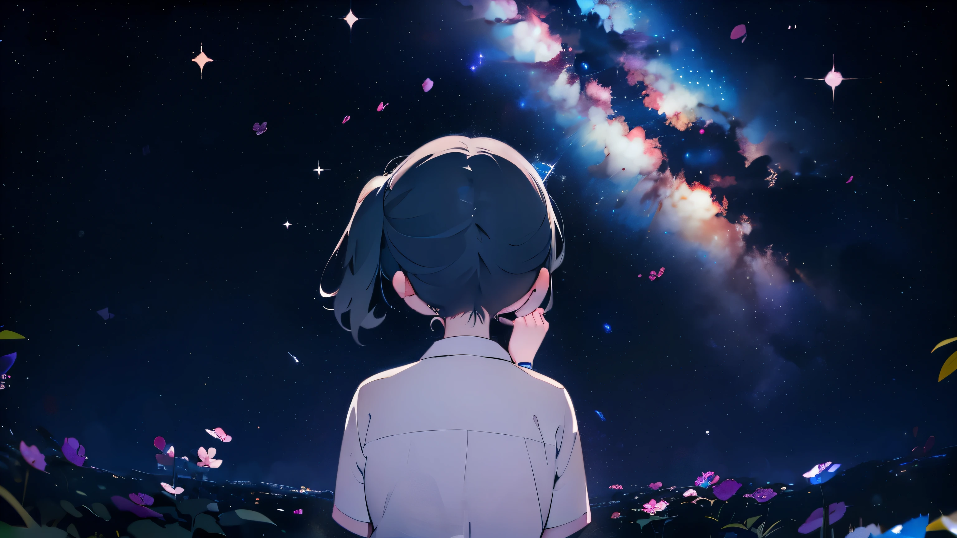milky way, Starry Night Sky, Back of a crying 9 year old girl, tears, black pigtails