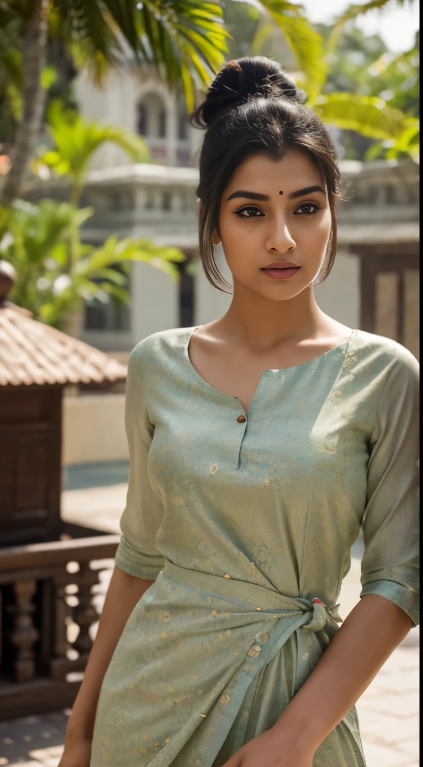 ultra-realistic photographs,Indian Instagram female model,mid 20s,9:16,mid-shot,beautiful detailed eyes,detailed lips,longeyelashes,black bun hair, naturally full eyebrows,perfectly formed nose,expressive face,attractive appearance,confident and elegant posture,graceful movement,vibrant and colorful kurta dress, floral patterns, temple background, serene atmosphere,stunning architecture,soft and natural lighting,vivid colors,photorealistic,HDR,highres,studio lighting,ultra-detailed,bokeh,fully covered clothes,portrait,eyes straight to camera,zoom