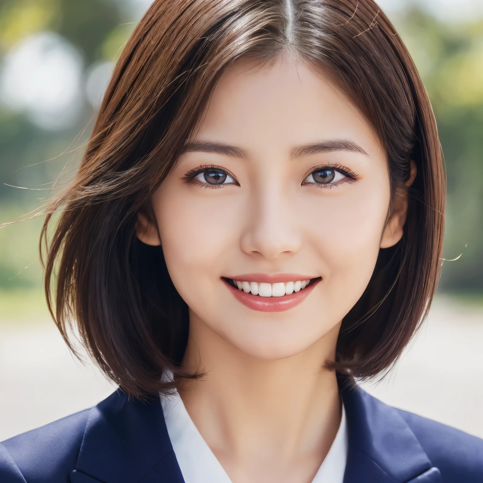 (highest quality、table top、8k、best image quality、Award-winning work)、One Cute High School Girl、(strongly blurred school background:1.1)、(perfect polyester shirt:1.1)、(uniform ribbon on chest:1.1)、glossy lips、illuminate the face、(Very short short hair that hugs the face:1.2)、(close up of face:1.25)、smile looking at me、classy and perfect makeup、Ultra high definition beauty face、ultra high definition hair、Super high-definition sparkling eyes、(Shining ultra-high definition beautiful skin:1.1)、Super high resolution glossy lips、(accurate anatomy:1.1)、ultra high definition hair、Super high definition perfect beautiful teeth