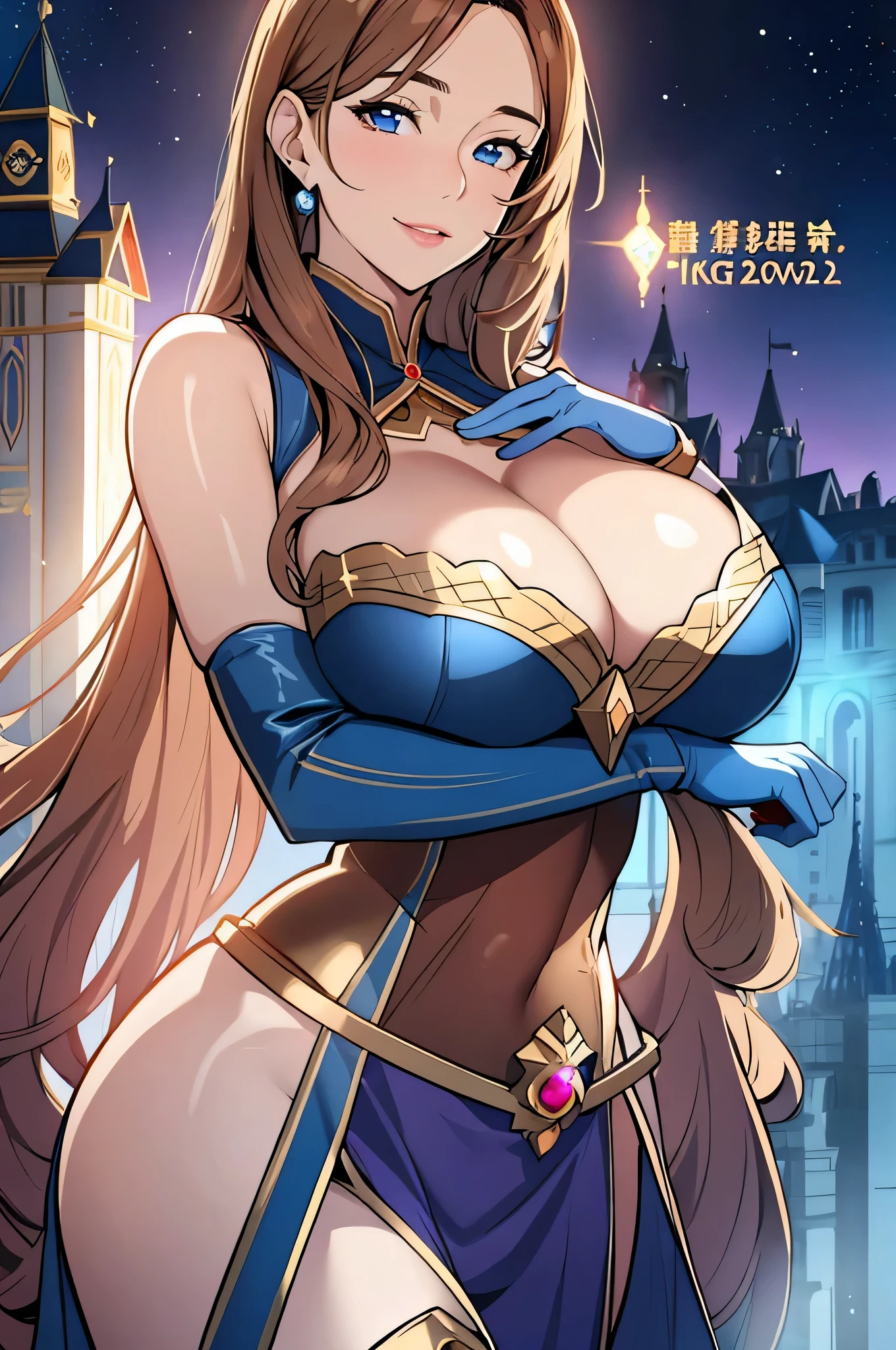 Lian, light brown hair, hair stick, bangs, blue eyes, solo, smiling, standing, upper body, hips, bare shoulders,purple thighhighs, blue dress, gold jewelry,armor,gloves,circlet, cleavage, red and gold royal castle, gigantic breasts, (best quality, masterpiece, beautiful and aesthetic:1.2, highest detailed face, perfect face,) eyes, perfect face,expressive eyes,
looking at viewer, in the center of the image,(Upper_body),(Focus on her face),
official art,extremely detailed CG unity 8k wallpaper, perfect lighting,Colorful, Bright_Front_face_Lighting,shiny skin,
(masterpiece:1.0),(best_quality:1.0), ultra high res,4K,ultra-detailed