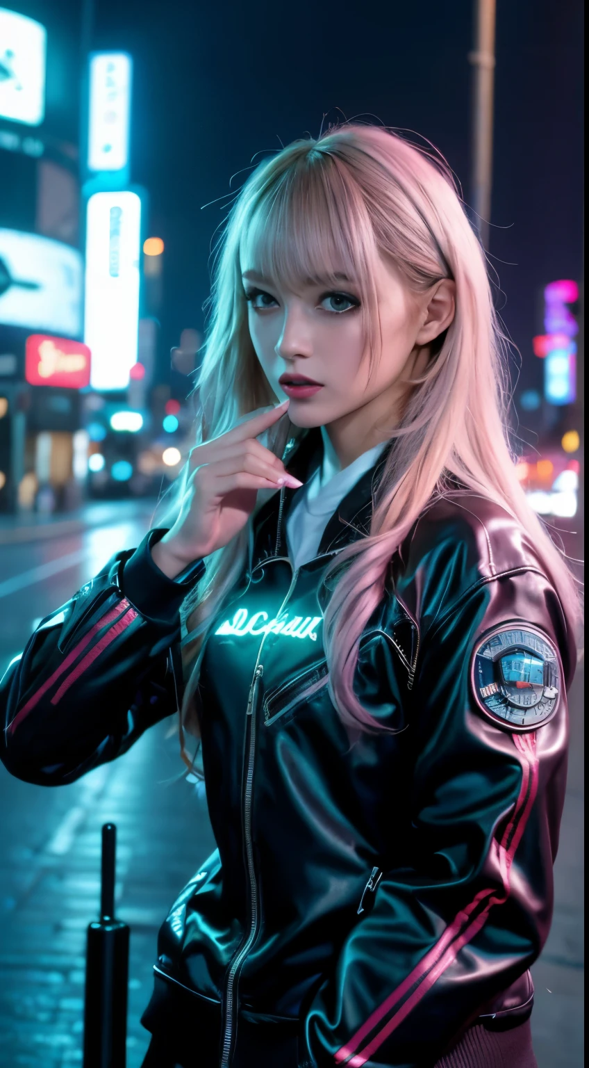 ,((highest quality))),8k,((masterpiece)),(very delicate and beautiful),realistic, absurd, High resolution, super detailed),, adult, good looking, tall muscular male, broad shoulders, delicate eyes, motorcycle, neon hair, holographic, black jacket, Strenuous running, speed, City of night, neon light, Skyscraper, from directly above, cyan, Purple red, (Dutch Corner), shut up