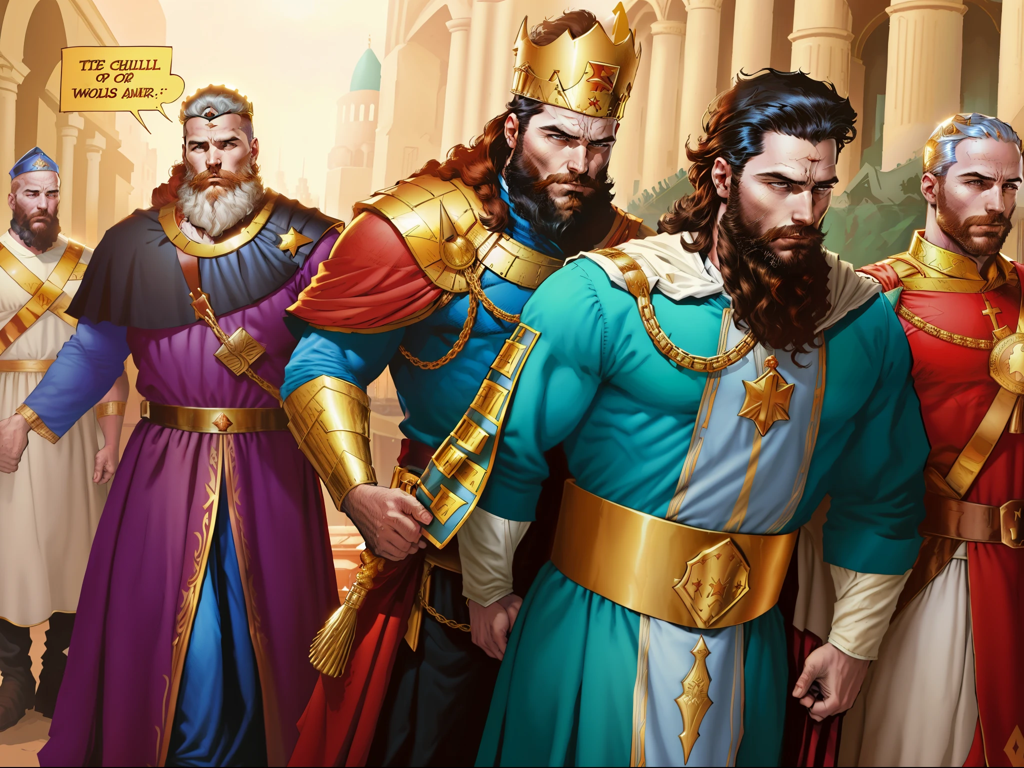 There is a man with a beard with a crown on his head. The man is being arrested by the guards. In the background there is a king and a queen. biblical costumes. Biblical setting. biblical style. comic book style.