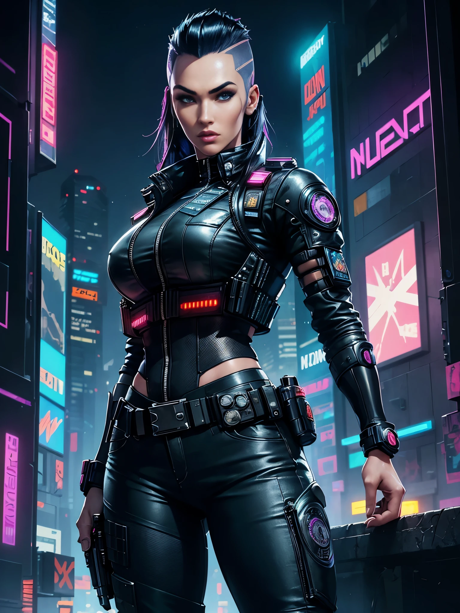 Megan Fox wearing police uniform, mohawk hair style,((())),((cyberpunk police uniform)), ((Cyberpunk City background)),((excellent draw eyes)), (police long shirt),((night city)), ((long pants)).official art, beautiful and aesthetic:1.2), (gorgeous face),detailed background, close up,((glowing bulletproof vest)),neon on bulletproof vest, (looking to the horizon)