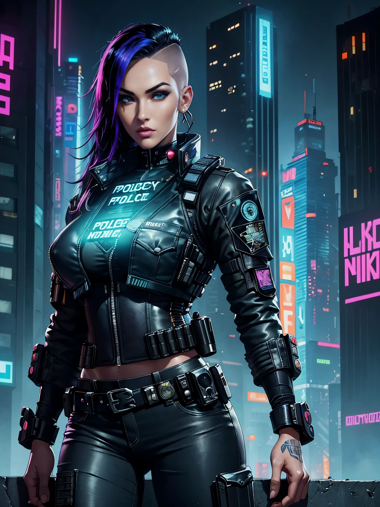 Megan Fox wearing police uniform, mohawk hair style,((())),((cyberpunk police uniform)), ((Cyberpunk City background)),((excellent draw eyes)), (police long shirt),((night city)), ((long pants)).official art, beautiful and aesthetic:1.2), (gorgeous face),detailed background, close up,((glowing bulletproof vest)),neon on bulletproof vest, (looking to the horizon)