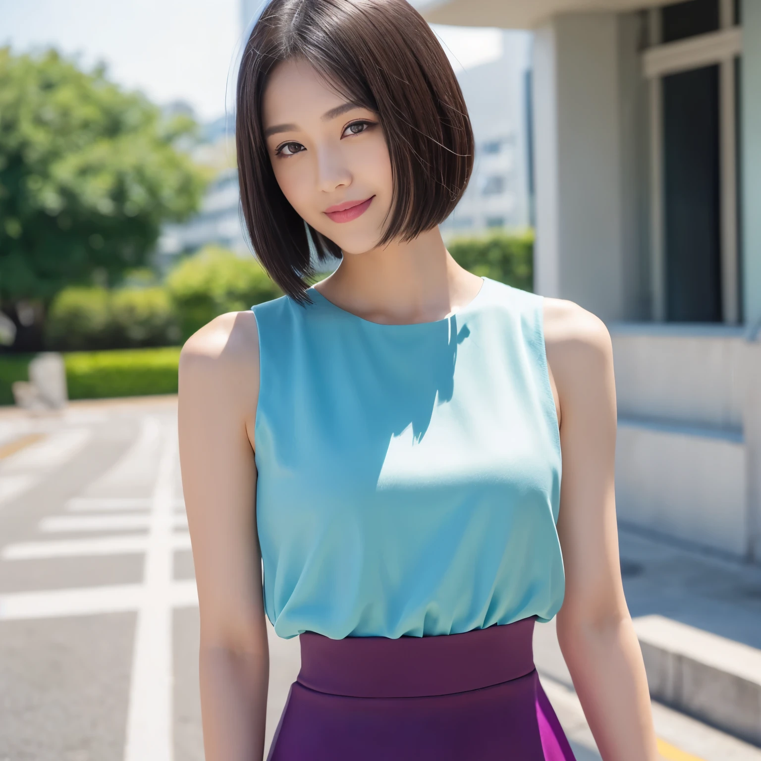 (highest quality、table top、8k、best image quality、Award-winning work)、one beautiful woman、25 years old、alone、perfect beautiful composition、perfect fit、(close up of face:1.2)、(emphasize body line:1.2)、(Sleeveless tops in elegant colors:1.2)、Very short elegant colored tight skirt、(very big breasts:1.2)、slender body、Clothes with a causal relationship、smile looking at me、(elegant straight short hair:1.1)、(Strongly blurred background of the sidewalk in front of the station:1.1)、Standing gracefully、natural makeup、Ultra high definition beauty face、ultra high definition hair、Super high-definition sparkling eyes、(Shining ultra-high definition beautiful skin:1.1)、Super high resolution glossy lips、accurate anatomy、ultra high definition hair、(closed lips:1.1)、(very bright and vivid:1.1)