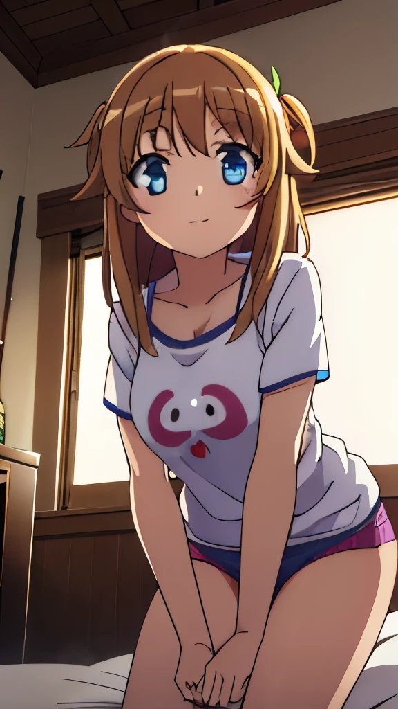 ((muste piece)), ((best quality)), (Super detailed), anime style etc., look up from below, peeing on the bed, pretty girl, 1 girl, solo, underwear 00, ((beautiful eyes)), shy smile