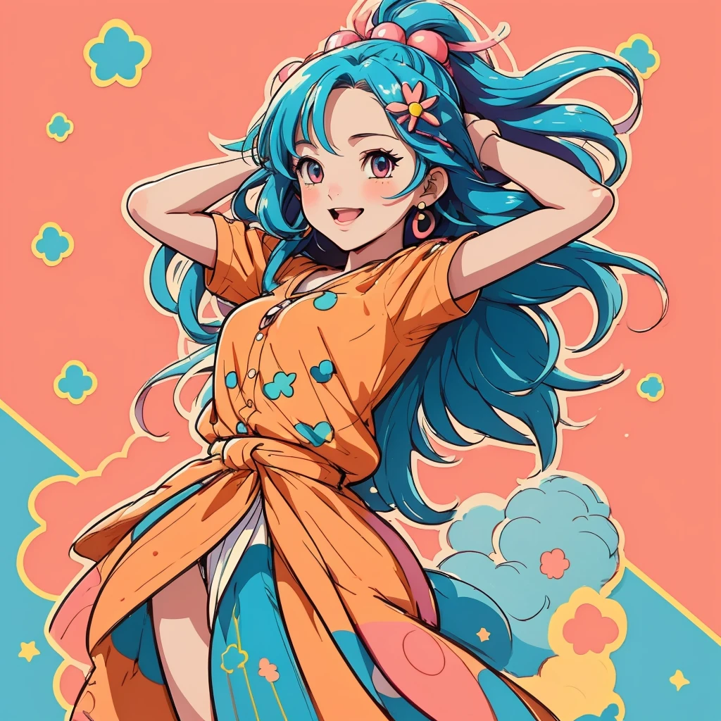 (best quality,highres,ultra-detailed)anime girl,sticker art,shining eyes,long hair,innocent smile,lively pose,white background,vibrant colors,detailed clothing,playful expression,sparkling stickers,geometric shapes,soft shading,anime style,digital illustration,creative composition,bold outlines,stylized elements,unique design,contrast in patterns,expressive eyes,subtle highlights,eye-catching accessories,endearing character,cute and charming,artistic expression,dynamic movement,eye-catching composition,vibrant and energetic,playful and whimsical,colored hair,contrast in textures,eye-catching details,cheerful personality,sense of joy,positive vibes,adorable and lively,artistic imagination,visual storytelling,creative and imaginative,input of emotions.