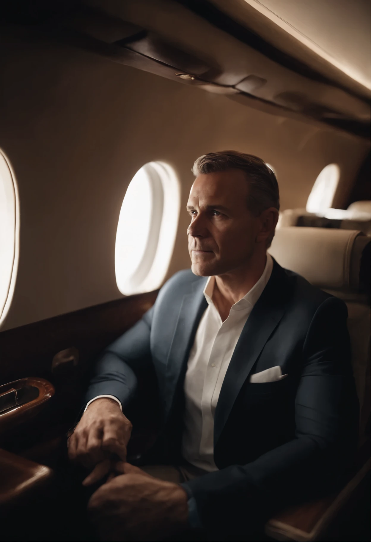 a successful white man in private plane, over 40, sitting Like alpha, perfect light
