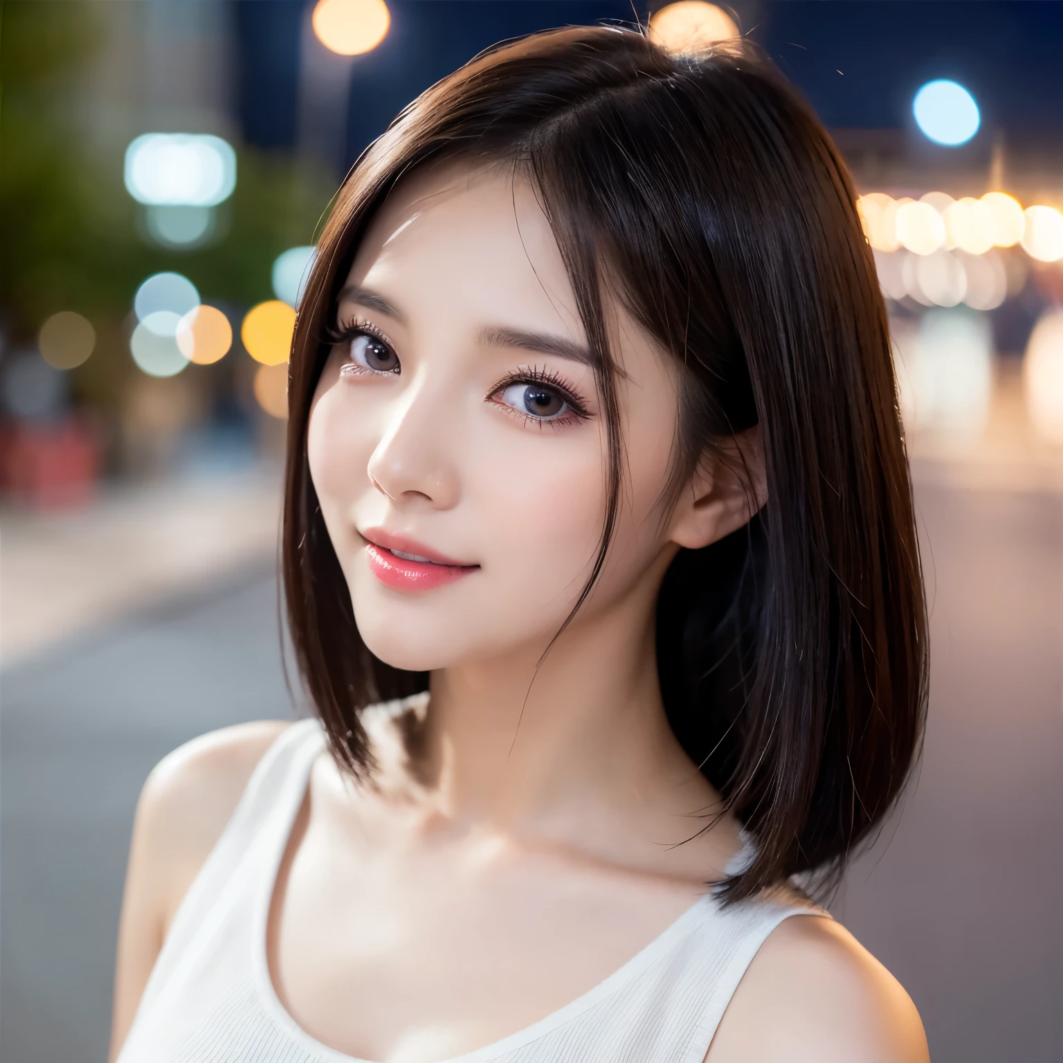 (highest quality、table top、8k、best image quality、Award-winning work)、one beautiful woman、25 years old、alone、perfect beautiful composition、perfect fit、(close up of face:1.3)、(emphasize body line:1.2)、(Sleeveless tops in elegant colors:1.2)、very big breasts、slender body、Clothes with a causal relationship、smile looking at me、(elegant straight short hair:1.1)、(Strongly blurred night station sidewalk background:1.1)、Standing gracefully、natural makeup、Ultra high definition beauty face、ultra high definition hair、Super high-definition sparkling eyes、(Shining ultra-high definition beautiful skin:1.1)、Super high resolution glossy lips、accurate anatomy、ultra high definition hair、(closed lips:1.1)、(very bright and vivid:1.1)