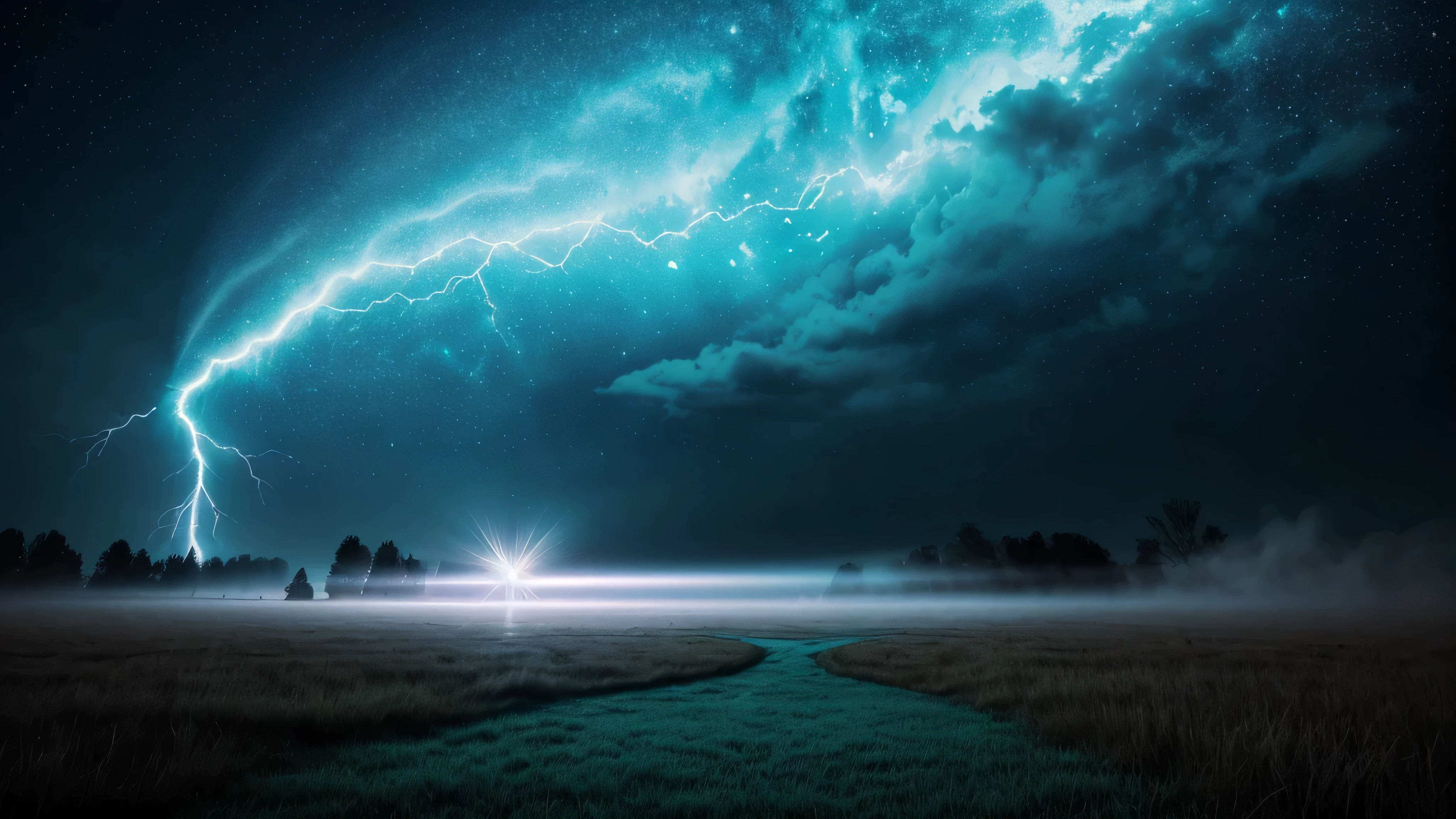  focus, high quality, 8K Ultra HD, High contrast, ((magic dust is formed from a musical note)) beautiful dark blue sky with solar eclipse, clouds are running across the sky, tall, mighty poplars grow on the sides,high quality, 8K Ultra HD, High contrast, ((many musical notes symbols, gold color musical symbols) on a turquoise heart, An all turquoise heart floats in the air above matte black wet stones with detailed texture and lots of realistic grass, and black clouds with a moving galaxy run across the dark blue, the heart sparkles, автор Yuki Sakura, High detail, and in the middle of the field there is a mysterious old house of the 18th century., sparks, camera glare from sunlight, flash of lightning, incredible dust is in the air)) (fog, nebula , volumetric light,), Yuki Sakura, High detail, saturation