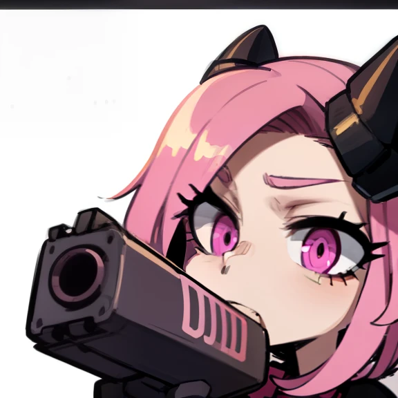 Pink pastel hair, horns, wings , evil, pink eyes, ((black horns)), holding a gun, angry, ((pig tails)), black bows