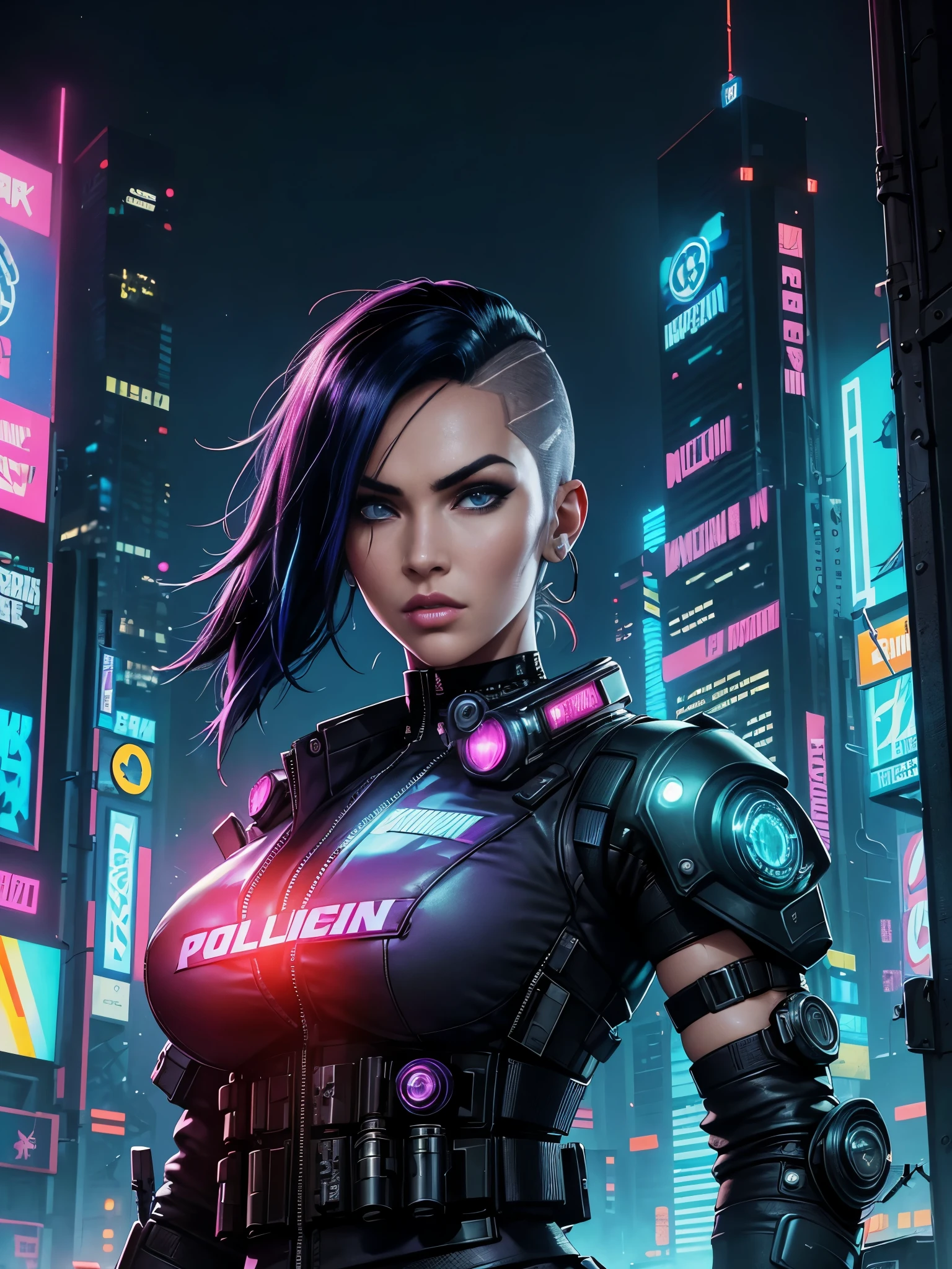 Megan Fox wearing police uniform, mohawk hair style,((())),((cyberpunk police uniform)), ((Cyberpunk City background)),((excellent draw eyes)), (police long shirt),((night city)), official art, beautiful and aesthetic:1.2), (gorgeous face),detailed background, close up,((glowing bulletproof vest)),neon on bulletproof vest, (looking to the horizon)