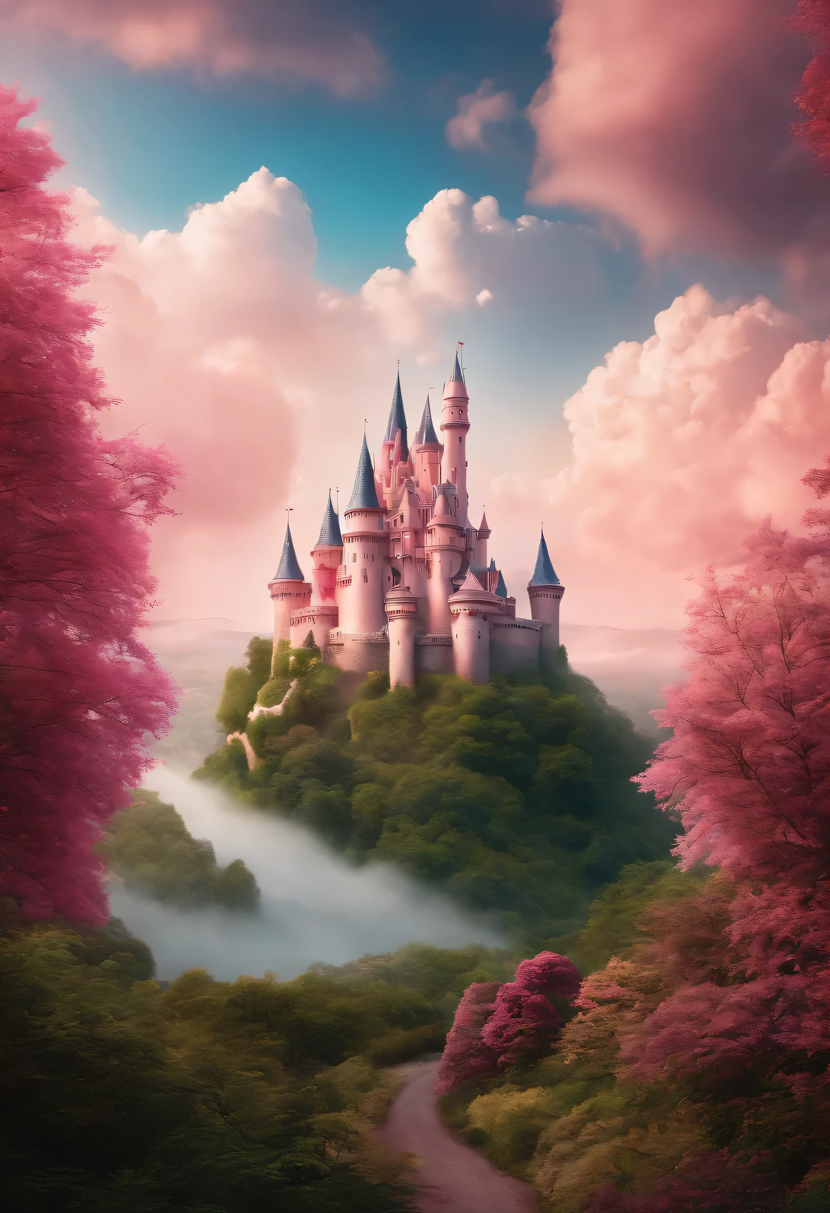 castle on the cloud, multi colors cuttoncandy cloud, in fairyland, dreamy and romantic, dreamy atmosphere and drama, very magical and dreamy, dreamy scenes, heaven pink, on cloud, the sky is pink, Heaven, in the white clouds fairyland, magical dream-like atmosphere, Dreamy and ethereal, still from a music video