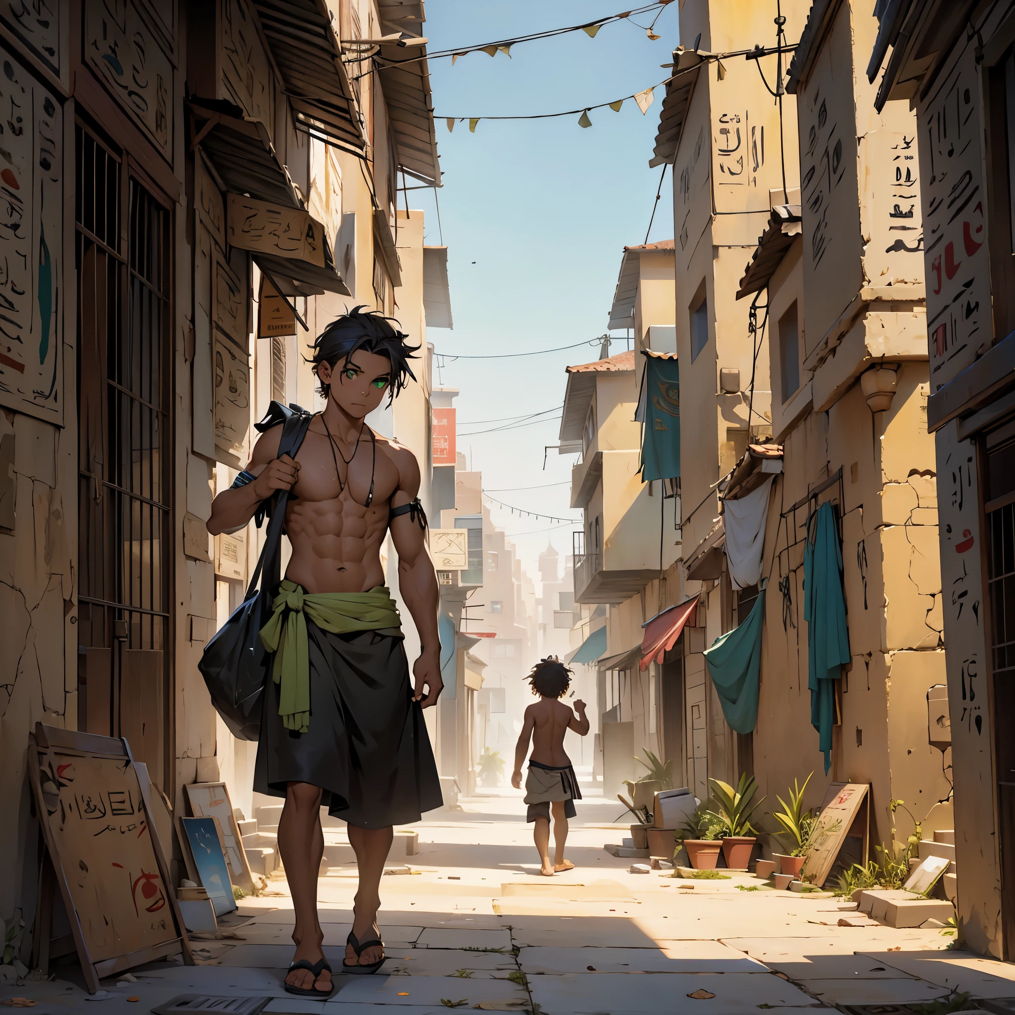 There is a 4 year old homeless boy abandoned walking looking for food shirtless with an Egyptian skirt shirtless with hair green eyes walks lost looking for food in a beautiful city of ancient Egypt, vista panoramica de la ciudad palacios y piramides